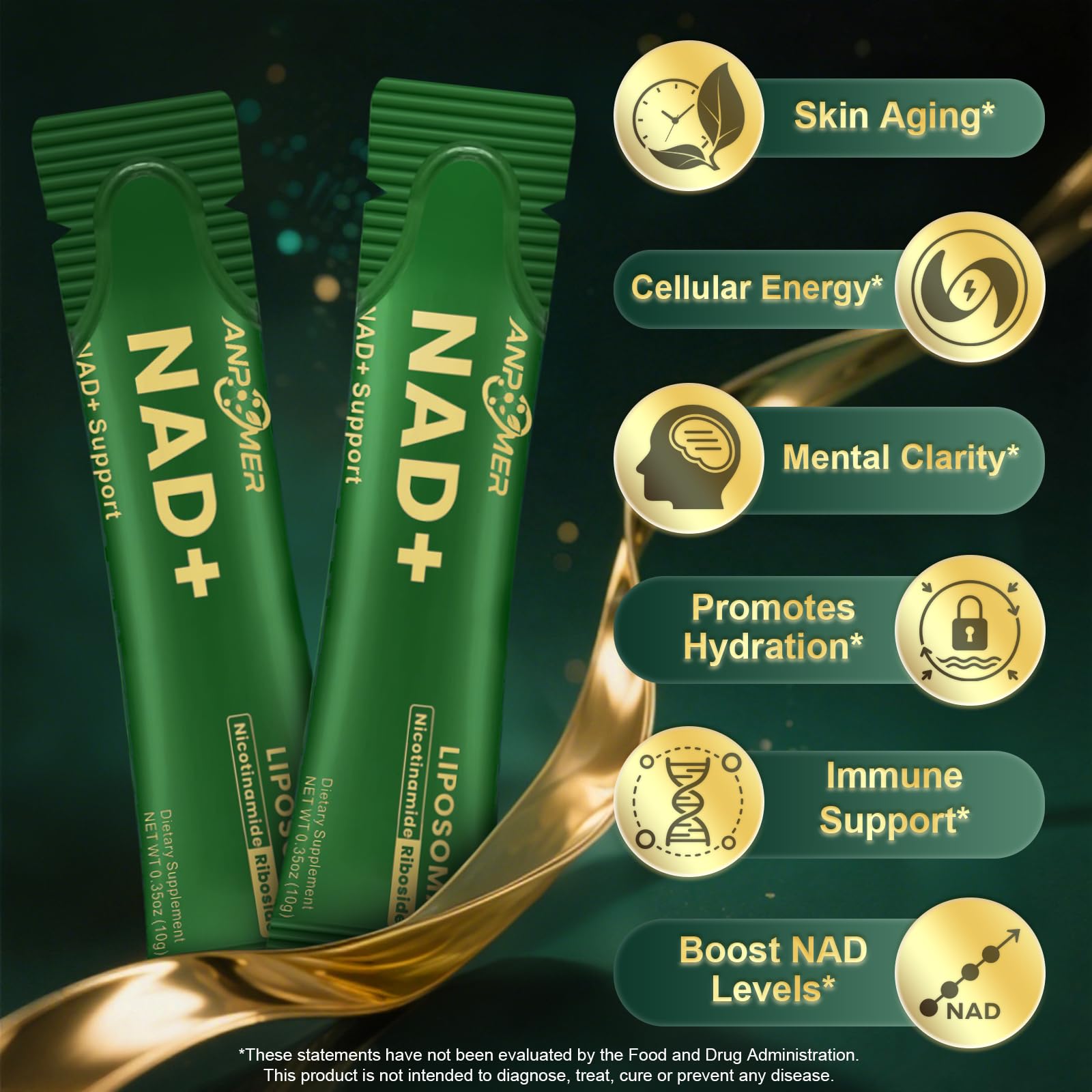 ANPOMER NAD Supplement with Liposomal Nicotinamide Riboside 600mg, Resveratrol, CoQ10, PQQ & D-Ribose, Electrolyte Blend, 30 Liquid Packets ANPOMERAu supplements