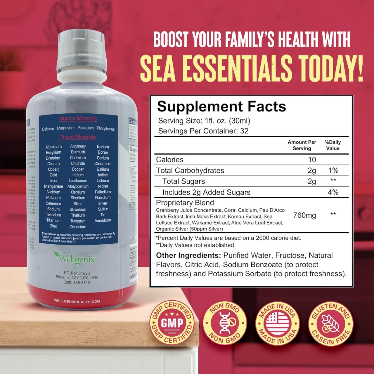 Wellgenix Sea Essentials Liquid Mineral Dietary Supplement with Trace and Macro Minerals and Coral Calcium – Sea Berry Flavor – 32 fl oz WellgenixAu supplements