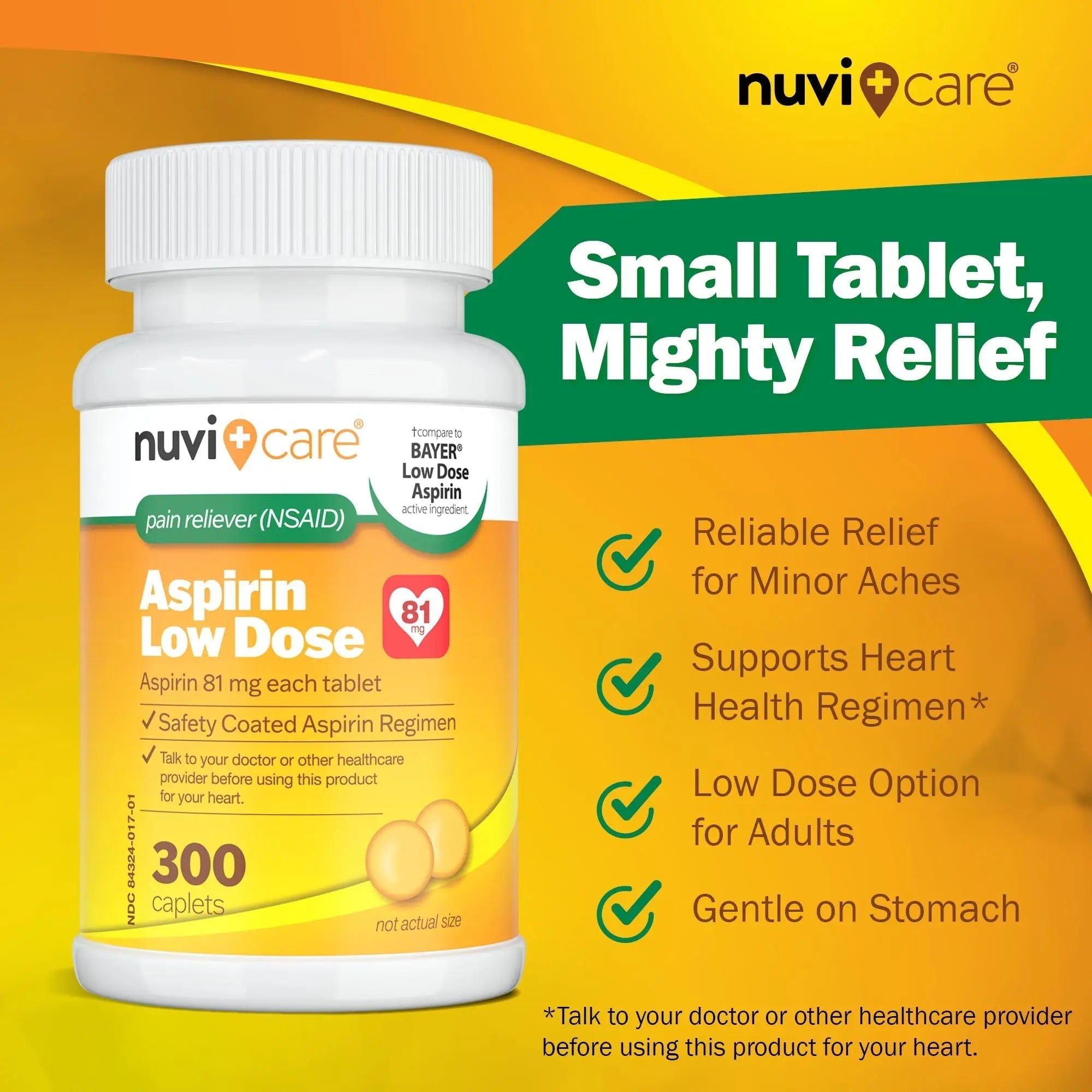 NUVICARE Low Dose Aspirin 81mg for Adults Coated Caplets - Compare to Active Ingredient in Low Dose Bayer Aspirin for Adults - Safety Coated (300 Count) NUVICAREAu supplements