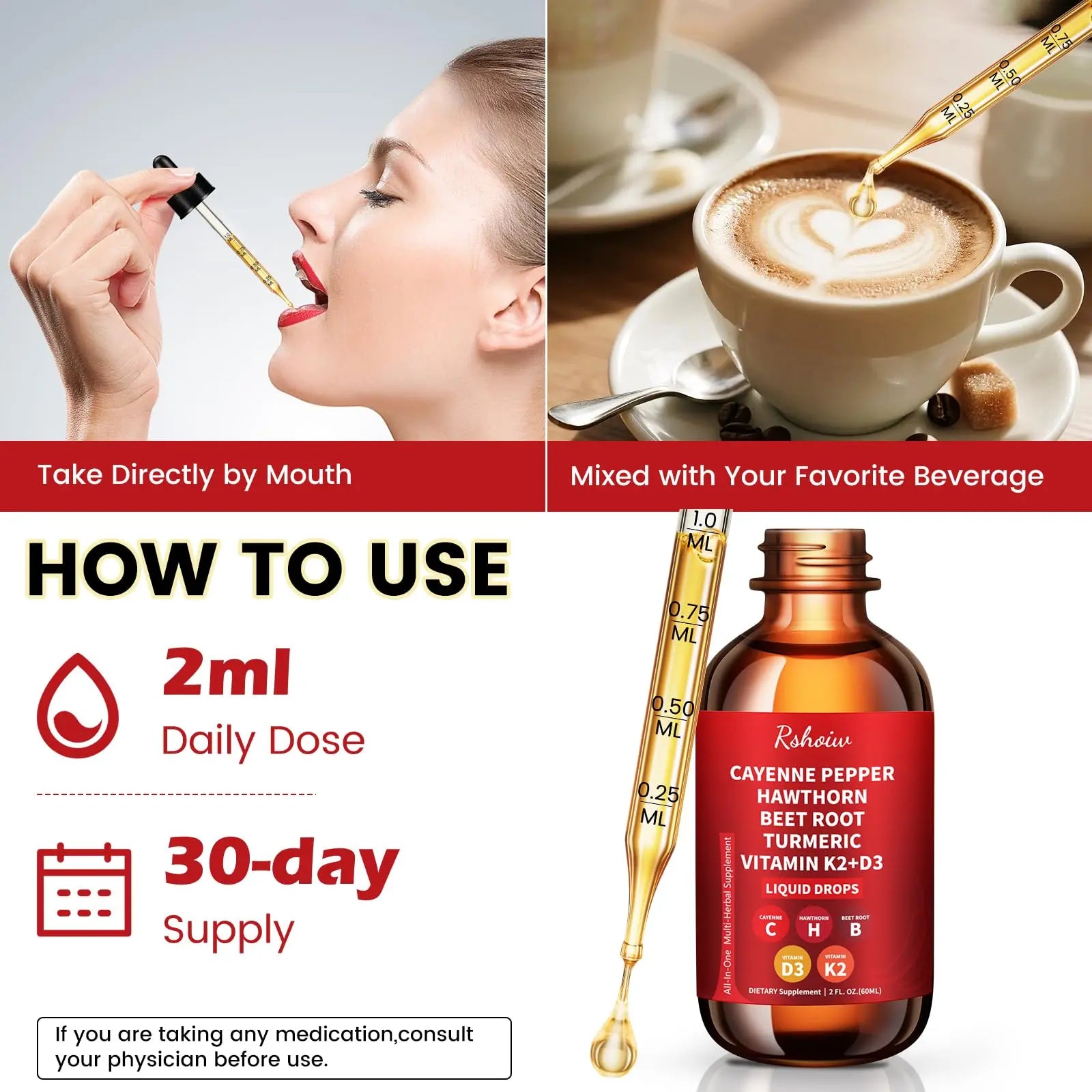 Cayenne Pepper Drops Supplement Liquid with Hawthorn Berry, Vitamin D3 K2, Turmeric Curcumin, Beet Root, Ceylon Cinnamon Vegan- Friendly - 60ml Rshoiwnz supplements