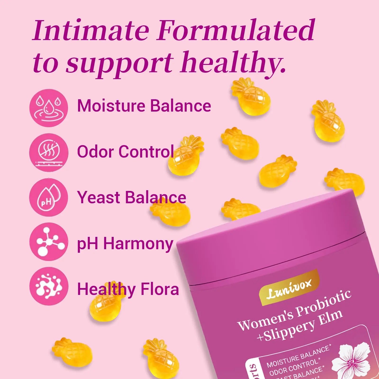 Lunivox Her Juicy Feminine Probiotics Gummies for Women, with Prebiotics & Slippery Elm - Promotes pH Balance, Gut Health & Immune Support - Pineapple Flavor, 60 Count Lunivoxnz supplements