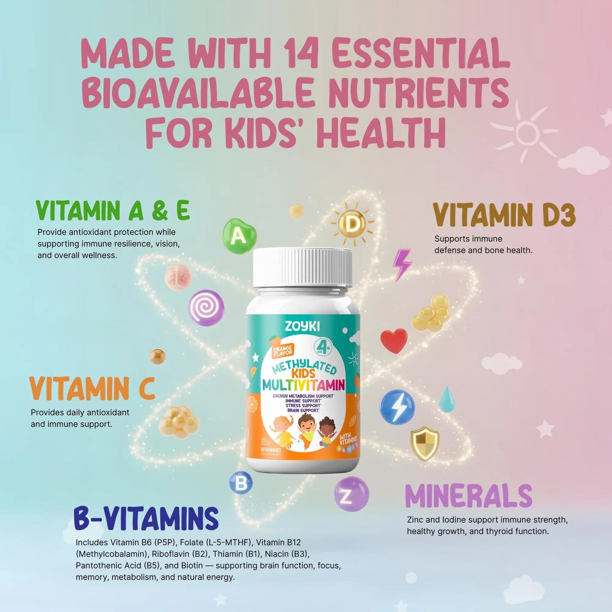 Zoyki Methylated Multivitamin Gummies for Kids - Children’s MTHFR Support Supplement with B Complex 5-MTHF Folate (L-Methylfolate) ZoykiAu supplements