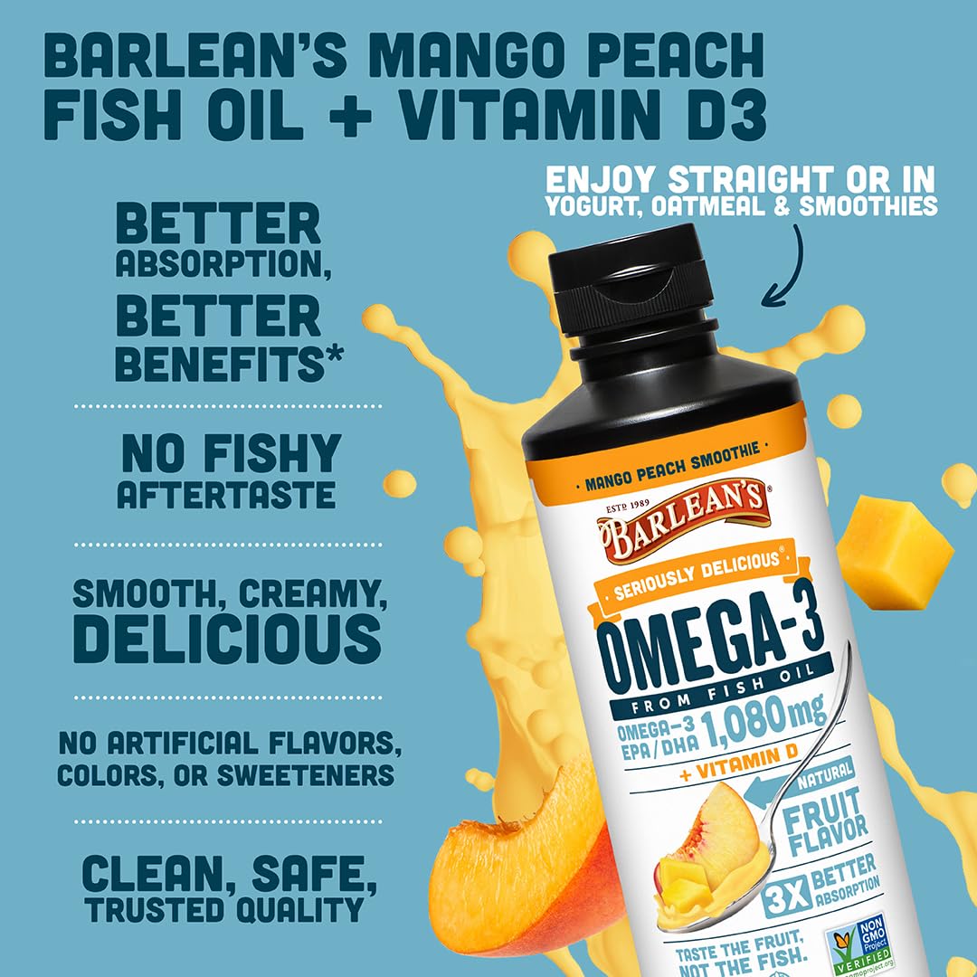 Barlean's Omega 3 Fish Oil Liquid Supplement with Vitamin D for Men and Women, 1080mg of EPA and DHA Fatty Acid, Promotes Brain & Heart Health - Non-GMO, Mango Peach, 16 oz Barlean'sAu supplements