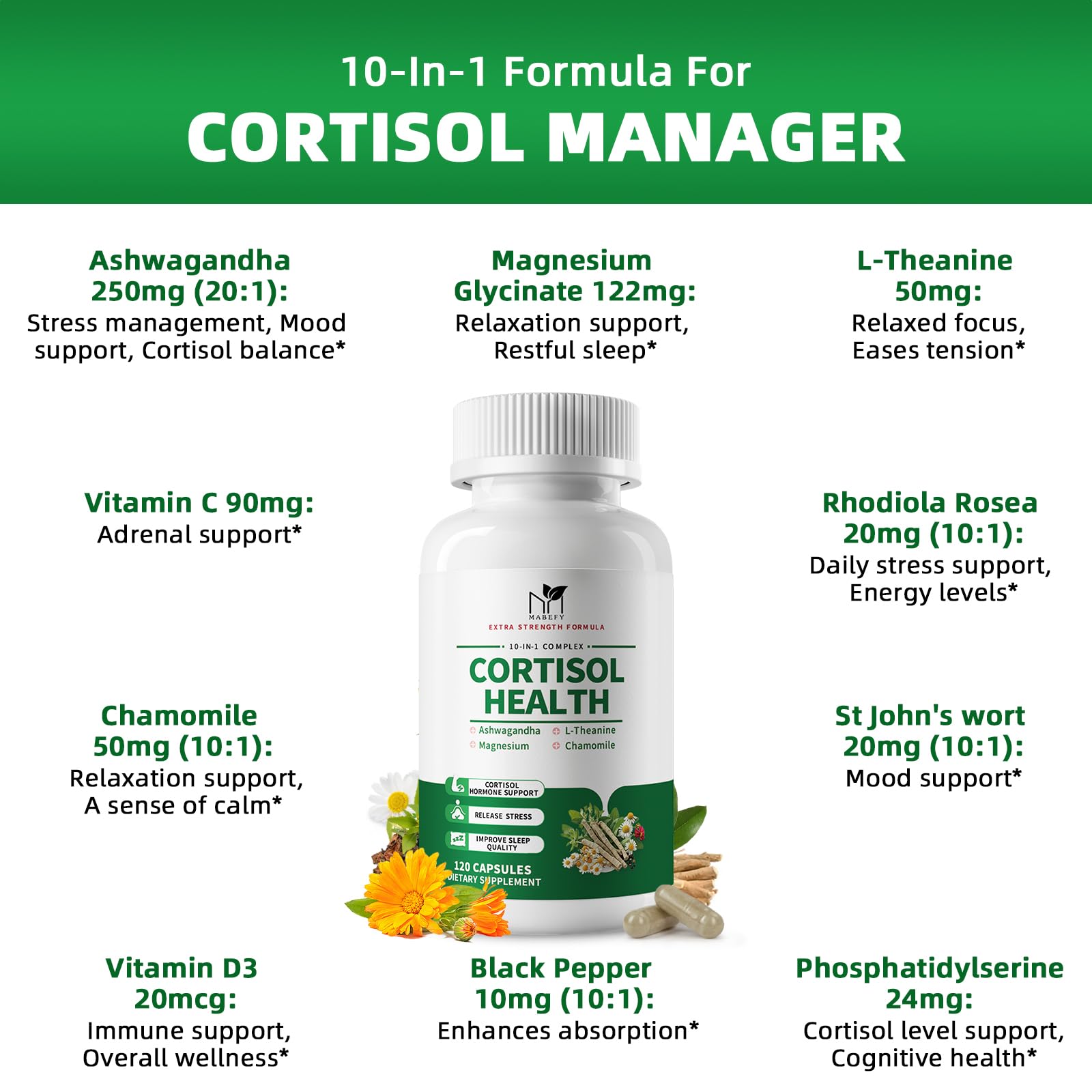 MABEFY Cortisol Supplements for Women/Men - 10 in 1 Cortisol Manager Reducer Lower Detox Balance with Magnesium, Ashwagandha, L-Theanine for Stress, Sleep, Calm, Mood Support - 60 Capsules for 30 Days MABEFYAu supplements