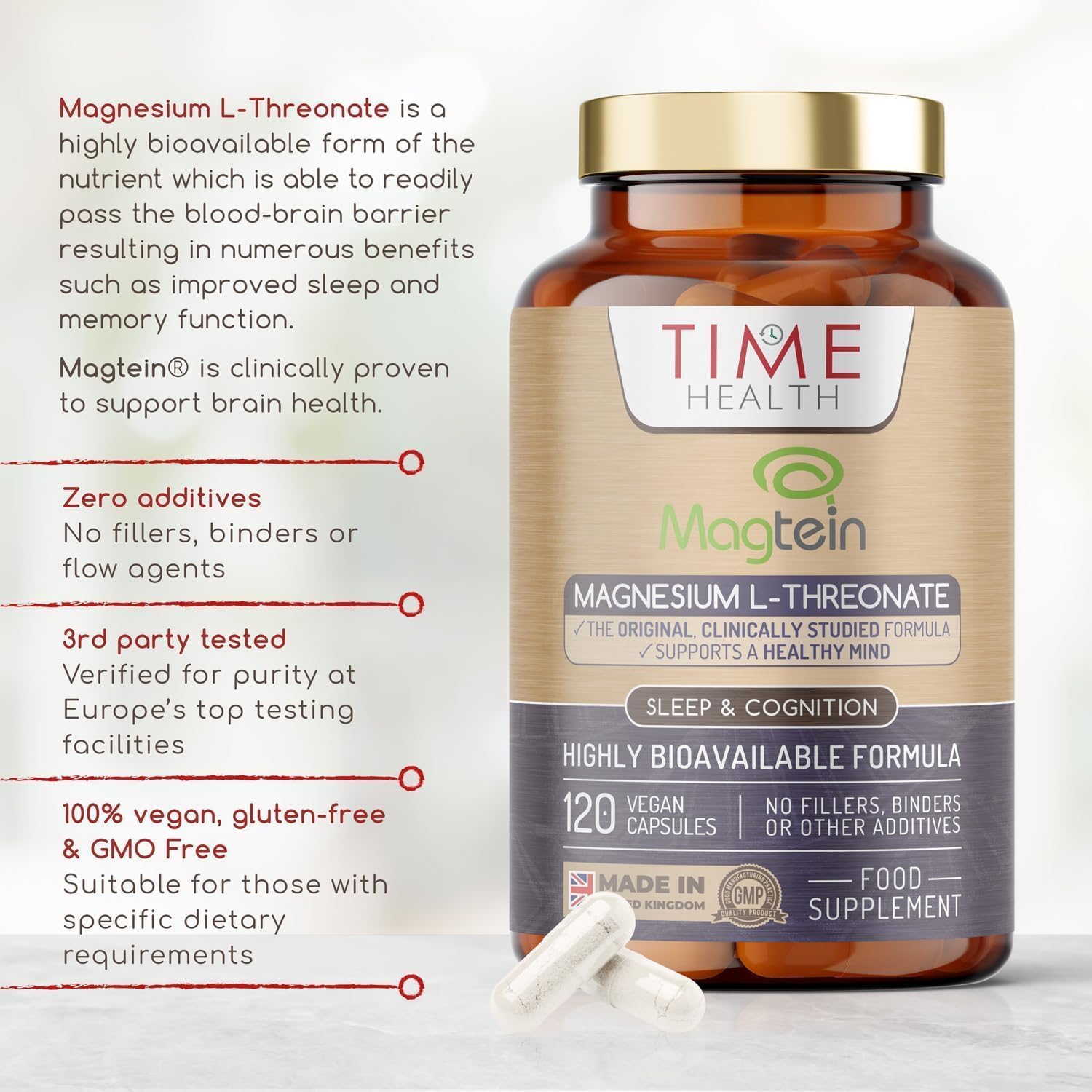 Magtein® Magnesium – 120 Capsules – High Strength 2100mg – Highly Bioavailable Time HealthUS supplements