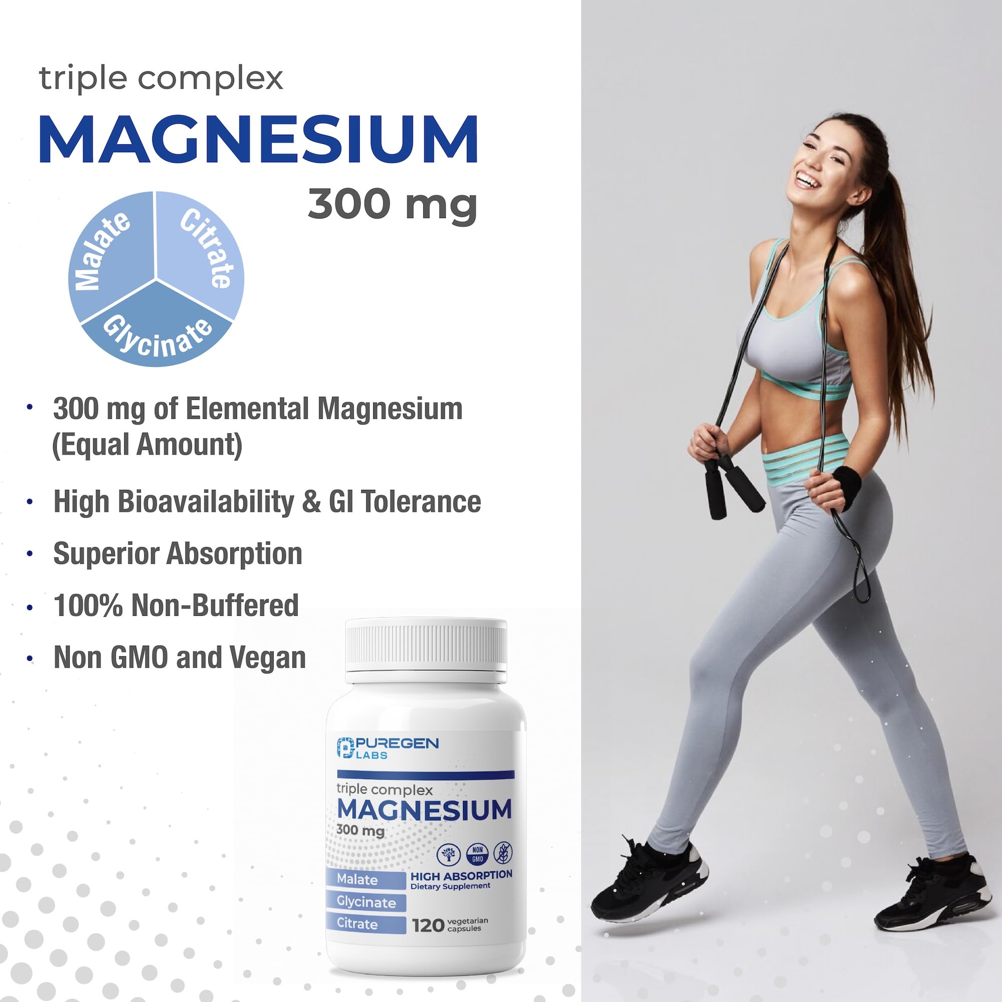 Puregen Labs Triple Magnesium Complex 300mg of Magnesium Glycinate, Malate, & Citrate