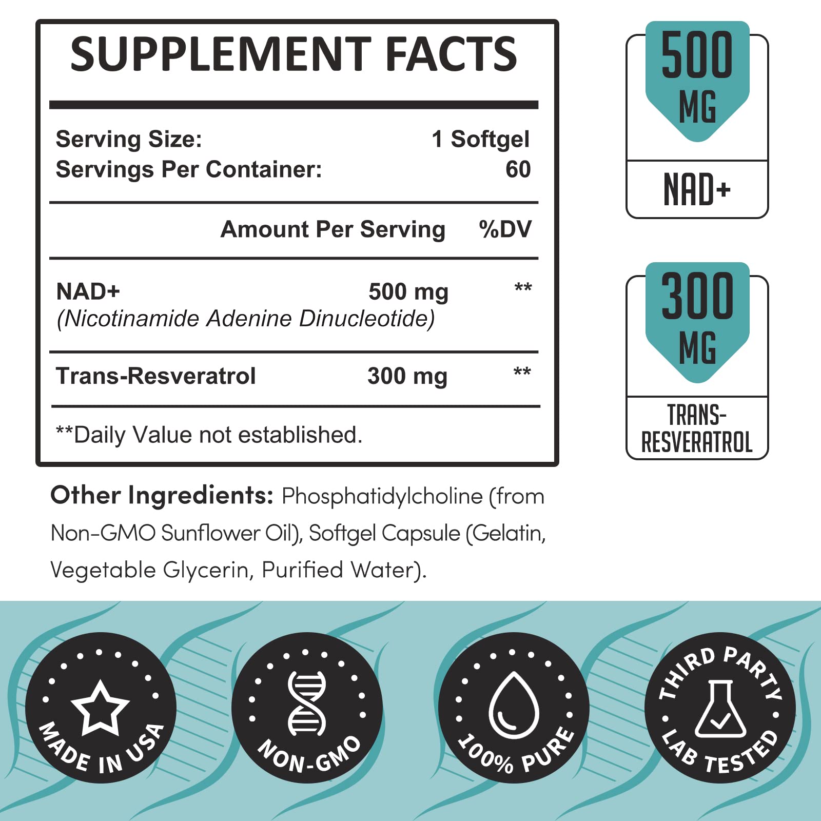 Rhamoph Liposomal NAD+ 800 mg with Trans-Resveratrol 300 mg, Max Absorption, Actual NAD+ Boosting Supplement for Healthy Aging, Cellular Energy, DNA Repair, Longevity - 60 Softgels RhamophAu supplements