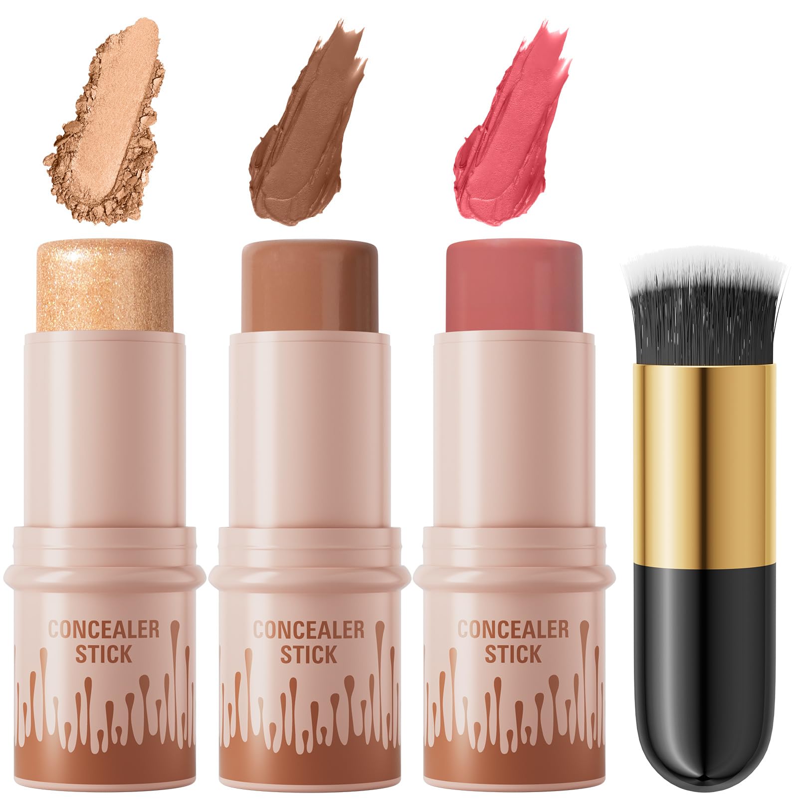 3Pcs Cream Contour Sticks Kit, Highlighter Stick Blush Stick Cream Contour Kit Makeup Set with Brush,Face Brightens & Shades Contour Stick Waterproof for Women QICAu supplements