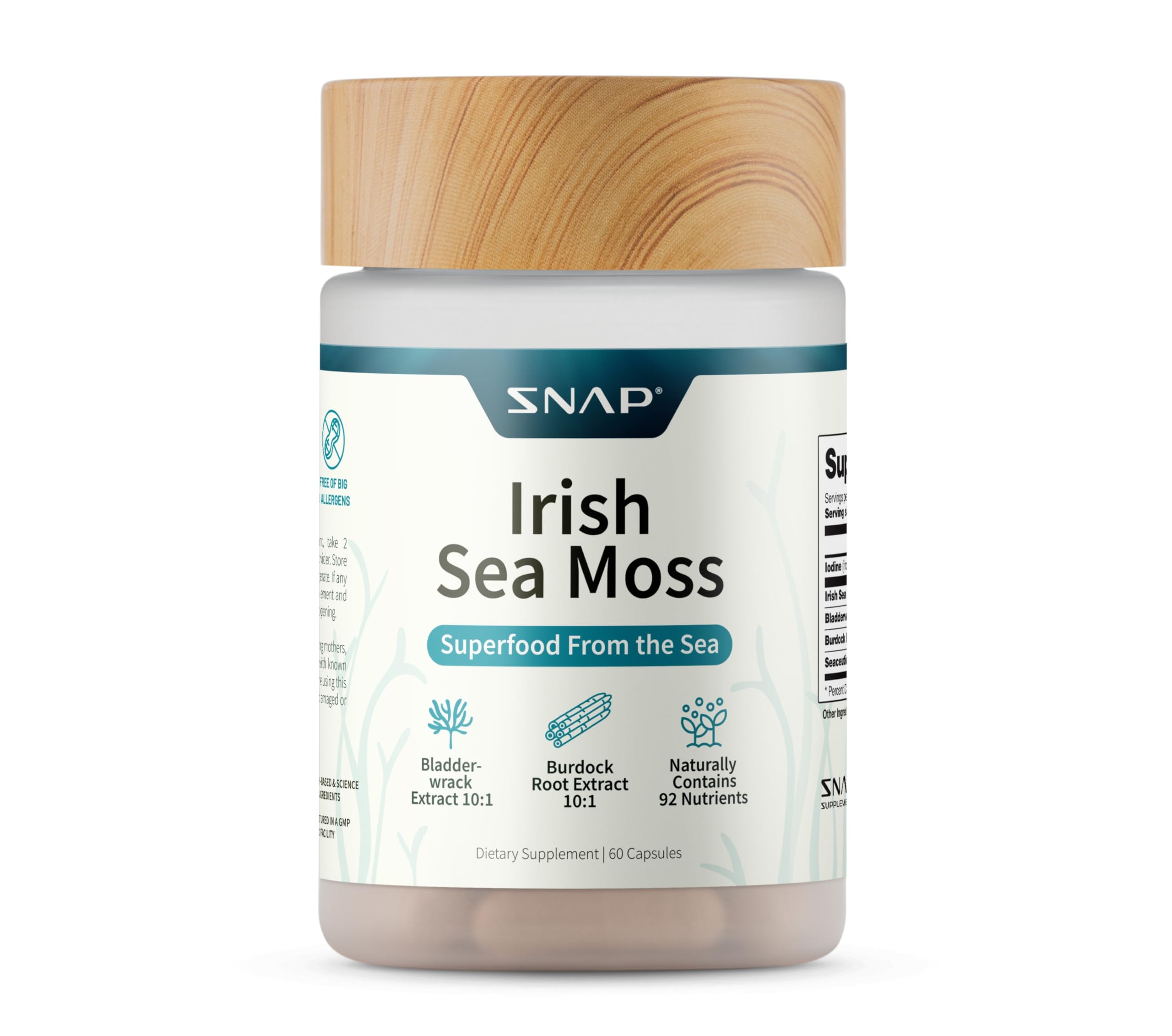 Snap Supplements Irish Sea Moss with Bladderwrack, Burdock Root & Iodine – Natural Sea Moss Supplement to Support Gut Health, Energy & Healthy-Looking Skin, 60 Vegan Capsules (1 Month Supply) Snap SupplementsAu supplements