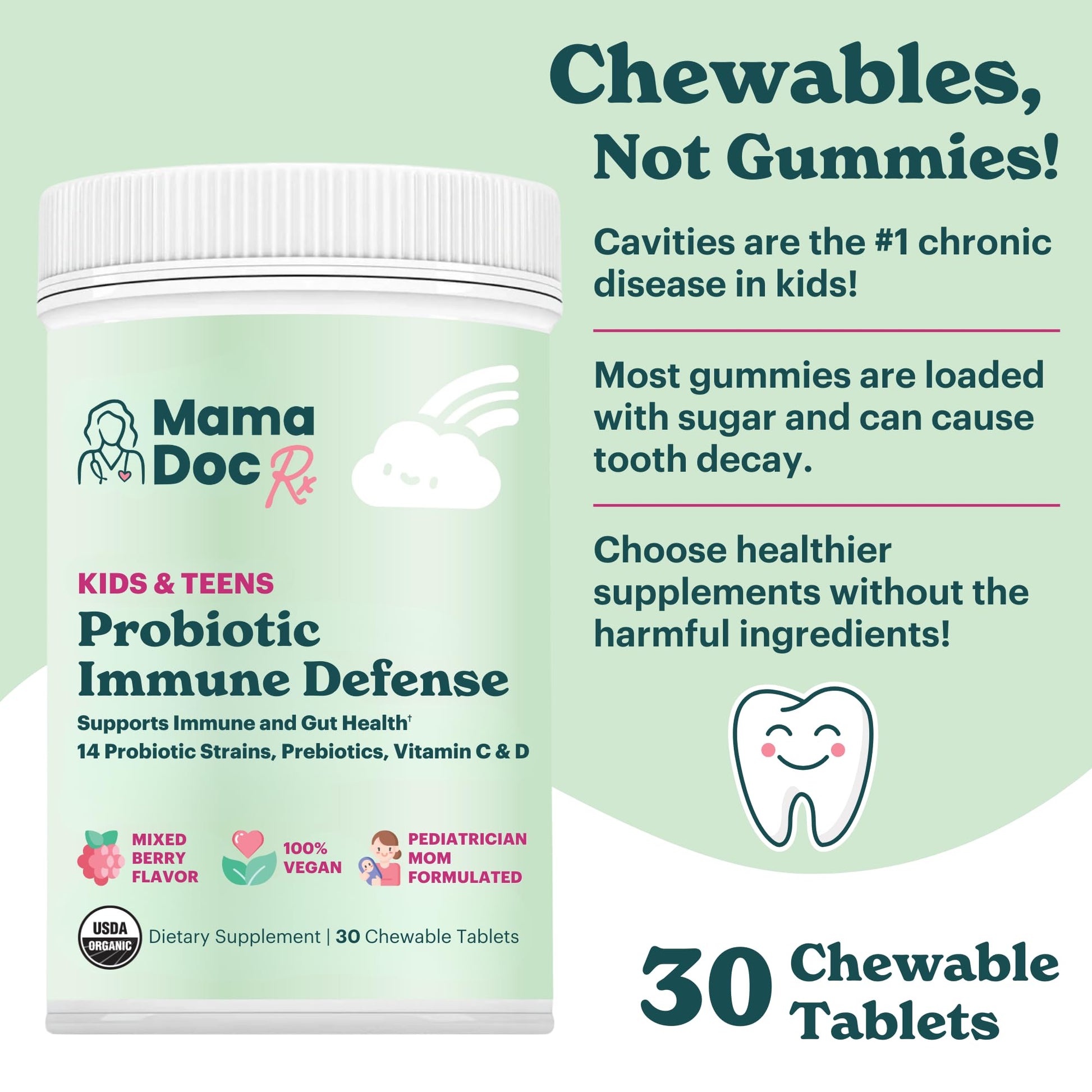 MamaDoc Rx Certified Organic Kids & Teens Probiotic Immune Defense - 5 Billion CFUs | Sugar Free, Vegan, Gluten-Free | 14 Probiotic Strains, Prebiotics, Vitamin C & D | 30 Chewable Tablets, Ages 4+ MamaDoc RxAu supplements