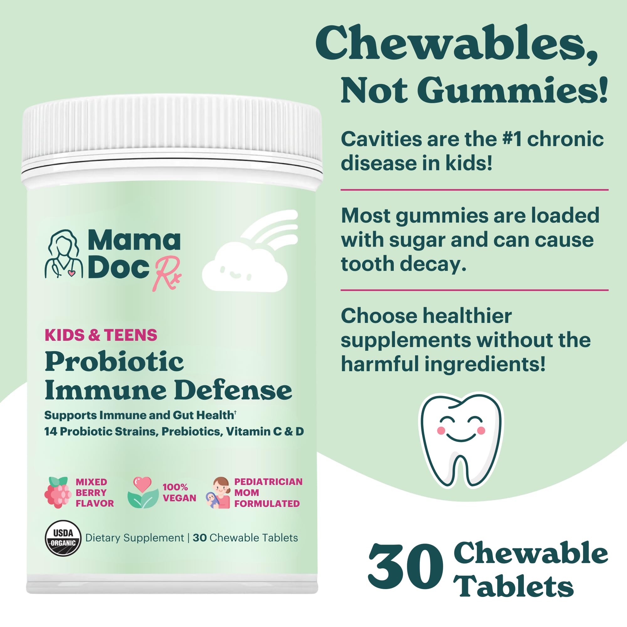 MamaDoc Rx Certified Organic Kids & Teens Probiotic Immune Defense - 5 Billion CFUs | Sugar Free, Vegan, Gluten-Free | 14 Probiotic Strains, Prebiotics, Vitamin C & D | 30 Chewable Tablets, Ages 4+ MamaDoc RxAu supplements