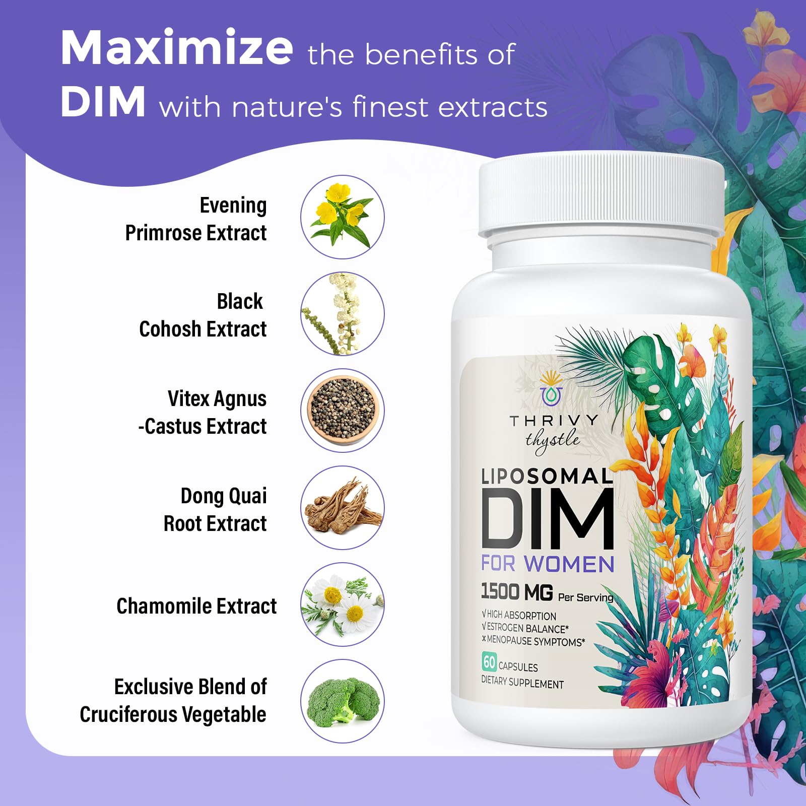 ThrivyThystle Liposomal DIM 400 mg - Hormone Balance, Estrogen Support for Women, DIM Supplement with Vitamin E, Evening Primrose, Black Cohosh, Omega-3 Fatty Acids (60 Capsules) ThrivyThystleAu supplements