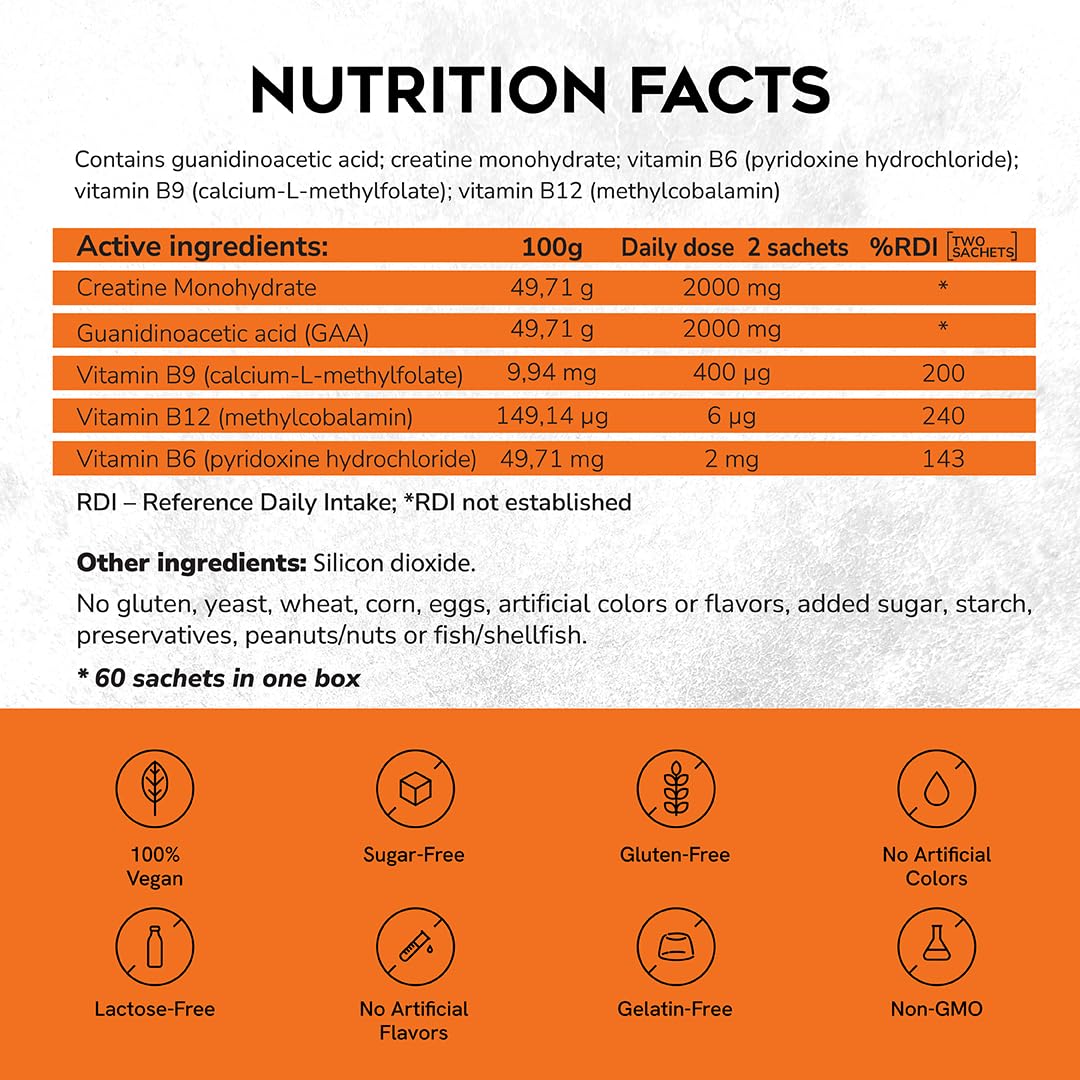 CreGAAtine Micronized Creatine Monohydrate + GAA | Increase Strength, No Water Retention | Boosts Memory & Focus | Single-Serve Packets | 60 Sachets, 30 Servings | (Sachets, Orange) CreGAAtineAu supplements