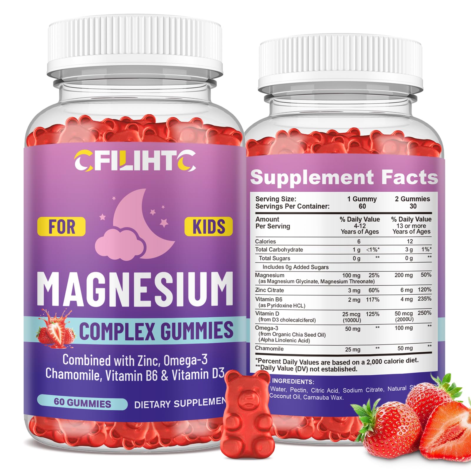 Kids Magnesium Gummies-Magnesium Glycinate Gummies for Kids Supplement-w/Zinc, Chamomile, Omega-3, Vitamin B6, D3 - for Sleep, Relaxation, Brain, Bones, Children's Calm, Sugar Free Strawberry 60ct CFILIHTCAu supplements