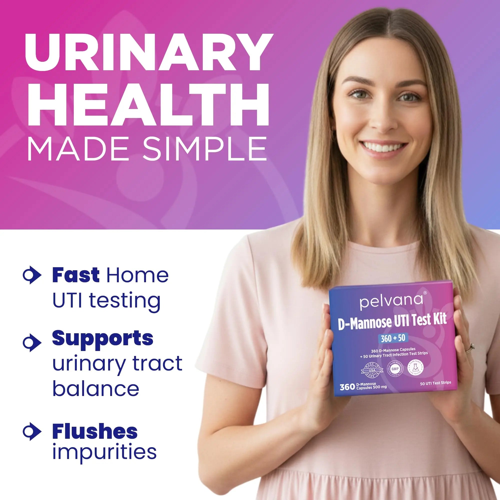 Pelvana D-Mannose UTI Kit for Women – UTI Test Strips & D-Mannose Supplement, At-Home Testing, Maintains Healthy Urinary Tract Balance, Flushes Impurities – 3 Bottles (120 Capsules) + 50 Test Strips PelvanaAu supplements