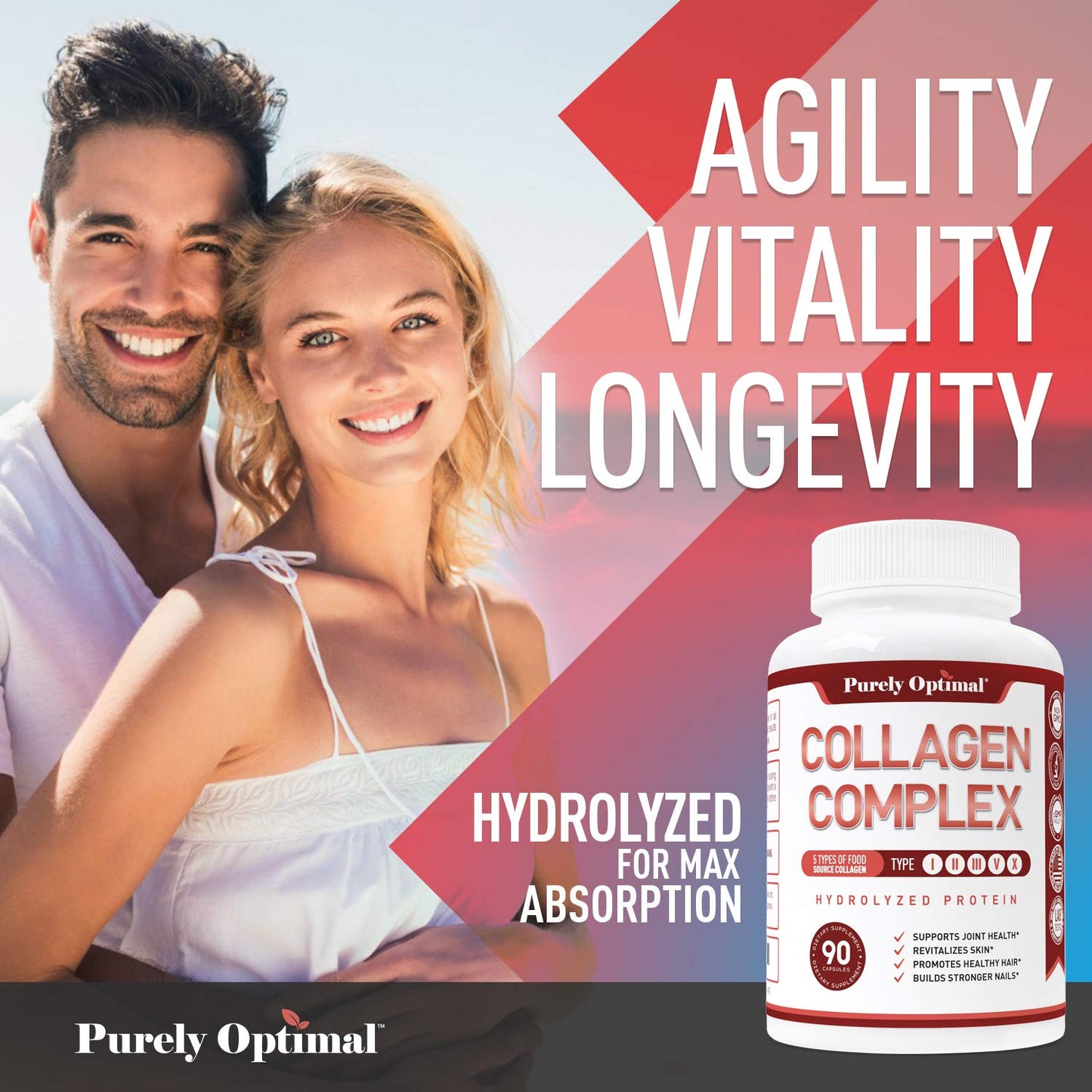 Purely Optimal Premium Multi Collagen Peptides Capsules (Types I, II, III, V, X) - Hair Purely OptimalUS supplements