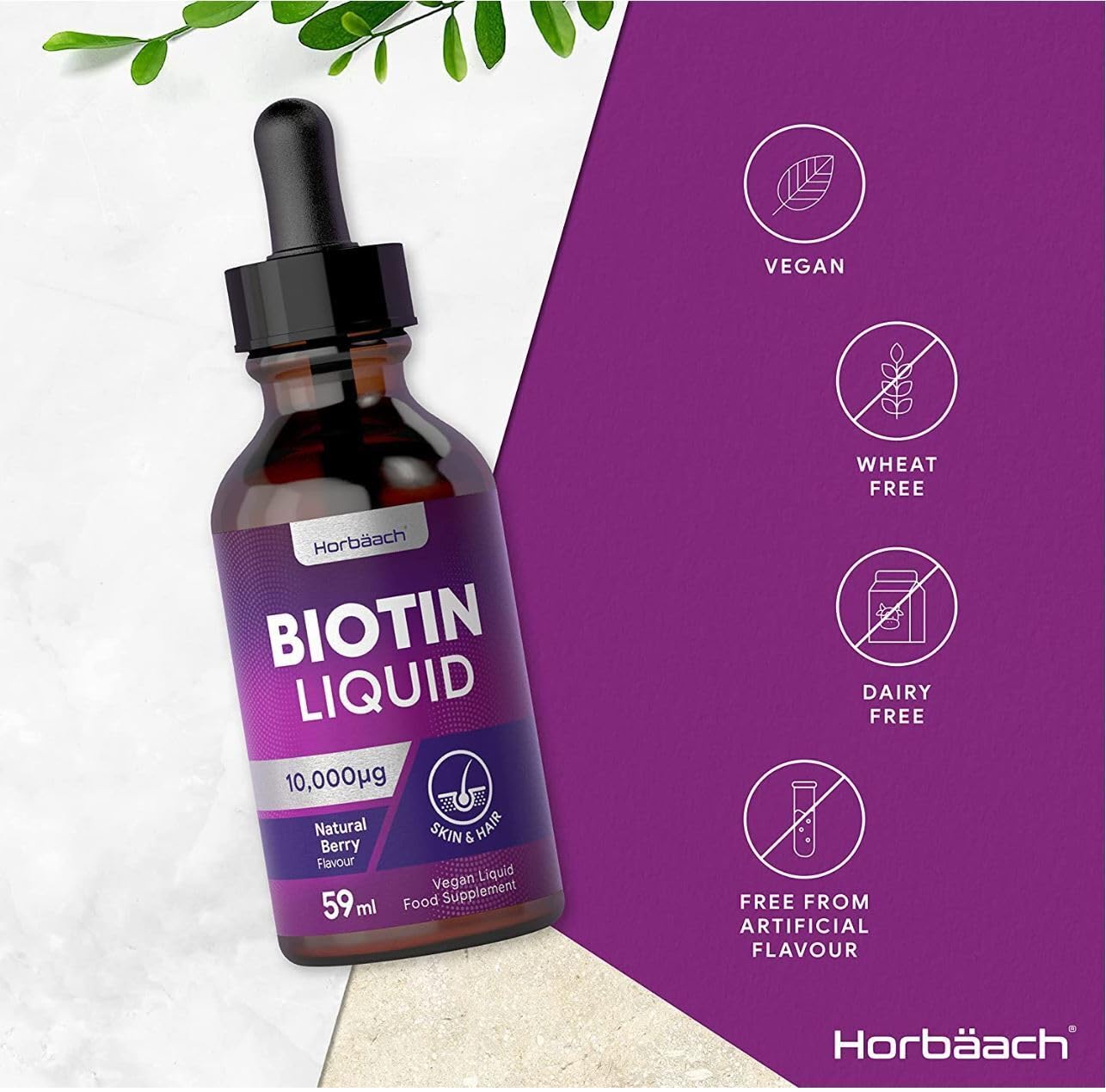 Biotin Liquid Drops for Hair & Skin Support | 10000 mcg Supplement | 59 ml Vitamin B7 HorbäachUS supplements