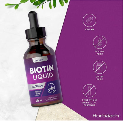 Biotin Liquid Drops for Hair & Skin Support | 10000 mcg Supplement | 59 ml Vitamin B7 HorbäachUS supplements