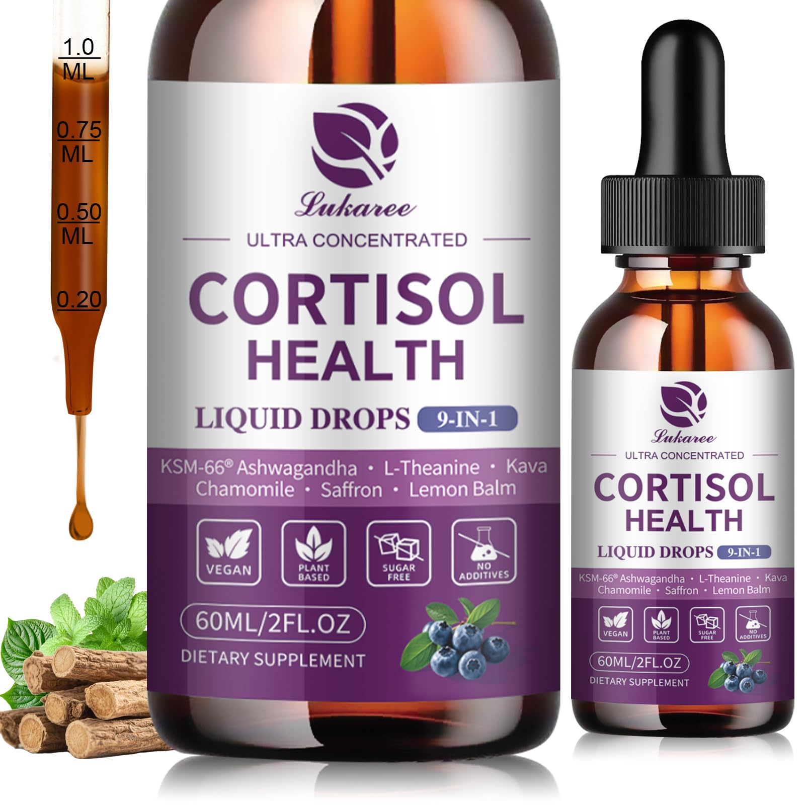 Cortisol Supplements for Women, Cortisol Reducer Manager Detox with KSM-66® Ashwagandha, Kava, Lemon Balm & Vitamin C B5 B6, Lower Cortisol, Hormone Harmony Liquid Drops, 2 FL.OZ, Blueberry Flavor LukareeAu supplements