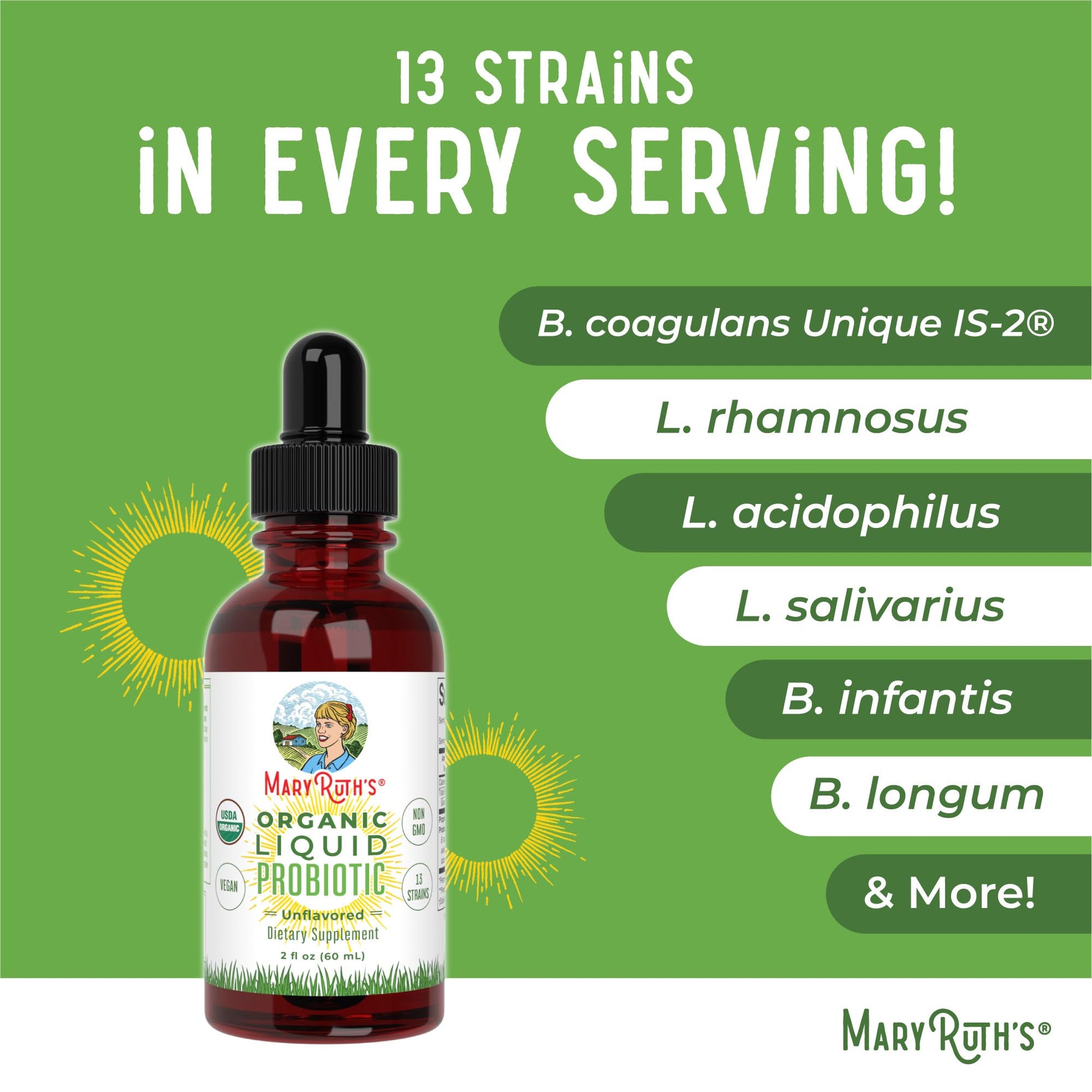 MaryRuth Organics Liquid Probiotic for Ages 4+ | 2 Billion CFU | 13 Probiotic Strains | Gut Health & Digestive Support | Gas & Bloating Support | Vegan | Gluten Free | Travel-Friendly | 20 Servings MARYRUTH'SUS supplements