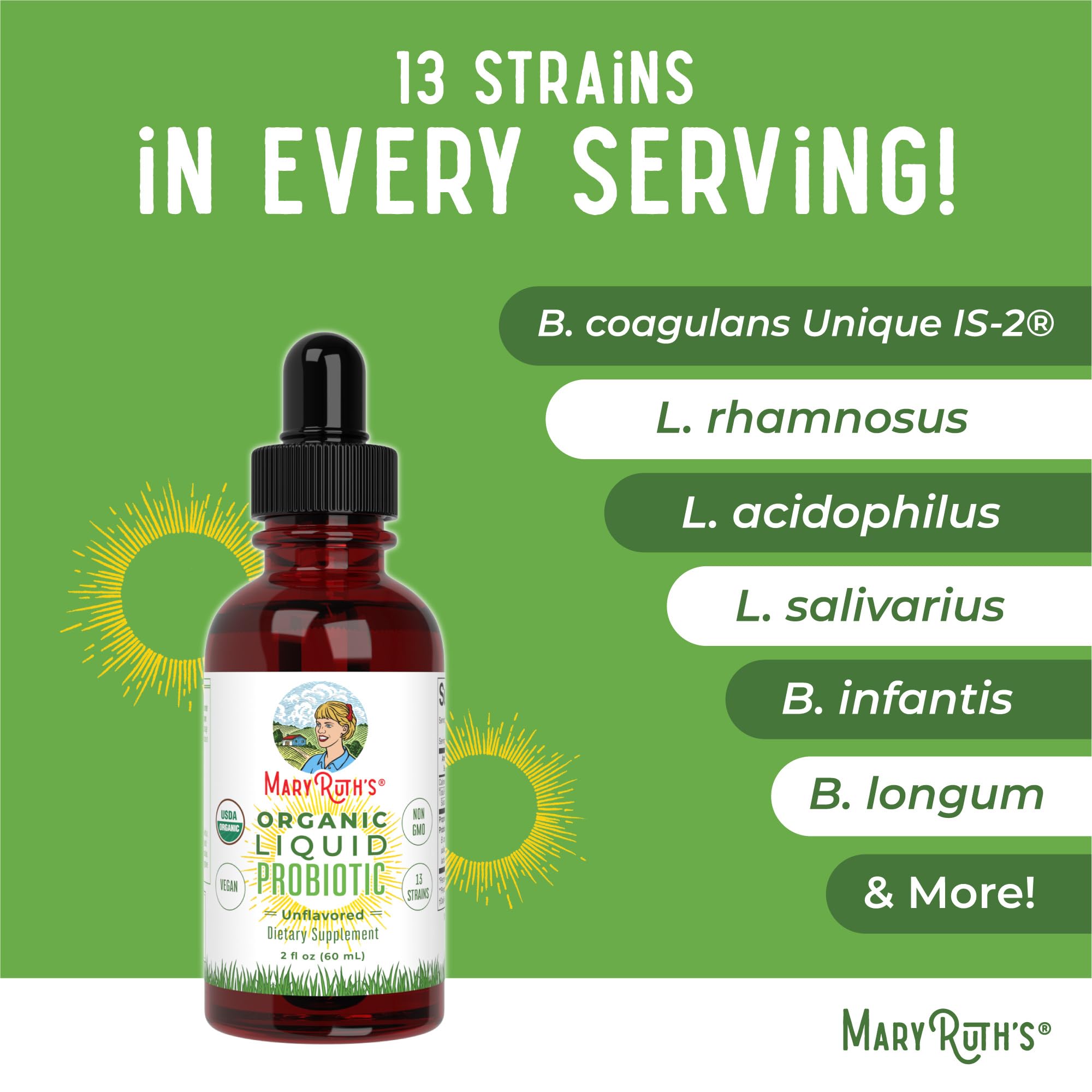 MaryRuth Organics Liquid Probiotic for Ages 4+ | 2 Billion CFU | 13 Probiotic Strains | Gut Health & Digestive Support | Gas & Bloating Support | Vegan | Gluten Free | Travel-Friendly | 20 Servings MARYRUTH'SUS supplements