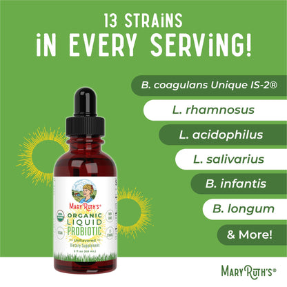 MaryRuth Organics Liquid Probiotic for Ages 4+ | 2 Billion CFU | 13 Probiotic Strains | Gut Health & Digestive Support | Gas & Bloating Support | Vegan | Gluten Free | Travel-Friendly | 20 Servings MARYRUTH'SUS supplements
