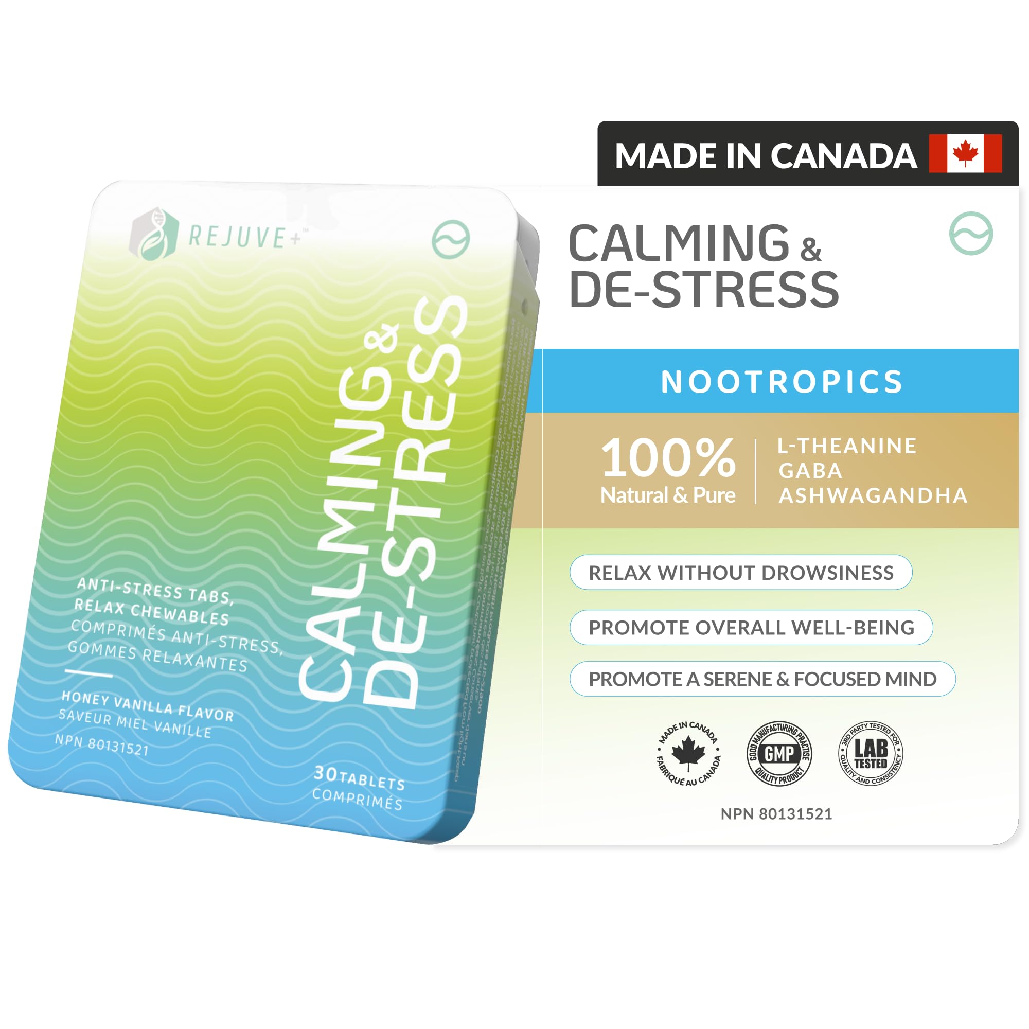 REJUVE+ Calm & Destress Nootropic Supplement – Brain Boost | L-Theanine, GABA, Ashwagandha, Vitamin D | Natural Stress Relief & Relaxation | Sleep Enhancer | Mood Enhancer | Honey Vanilla Flavor (1) REJUVE+Au supplements