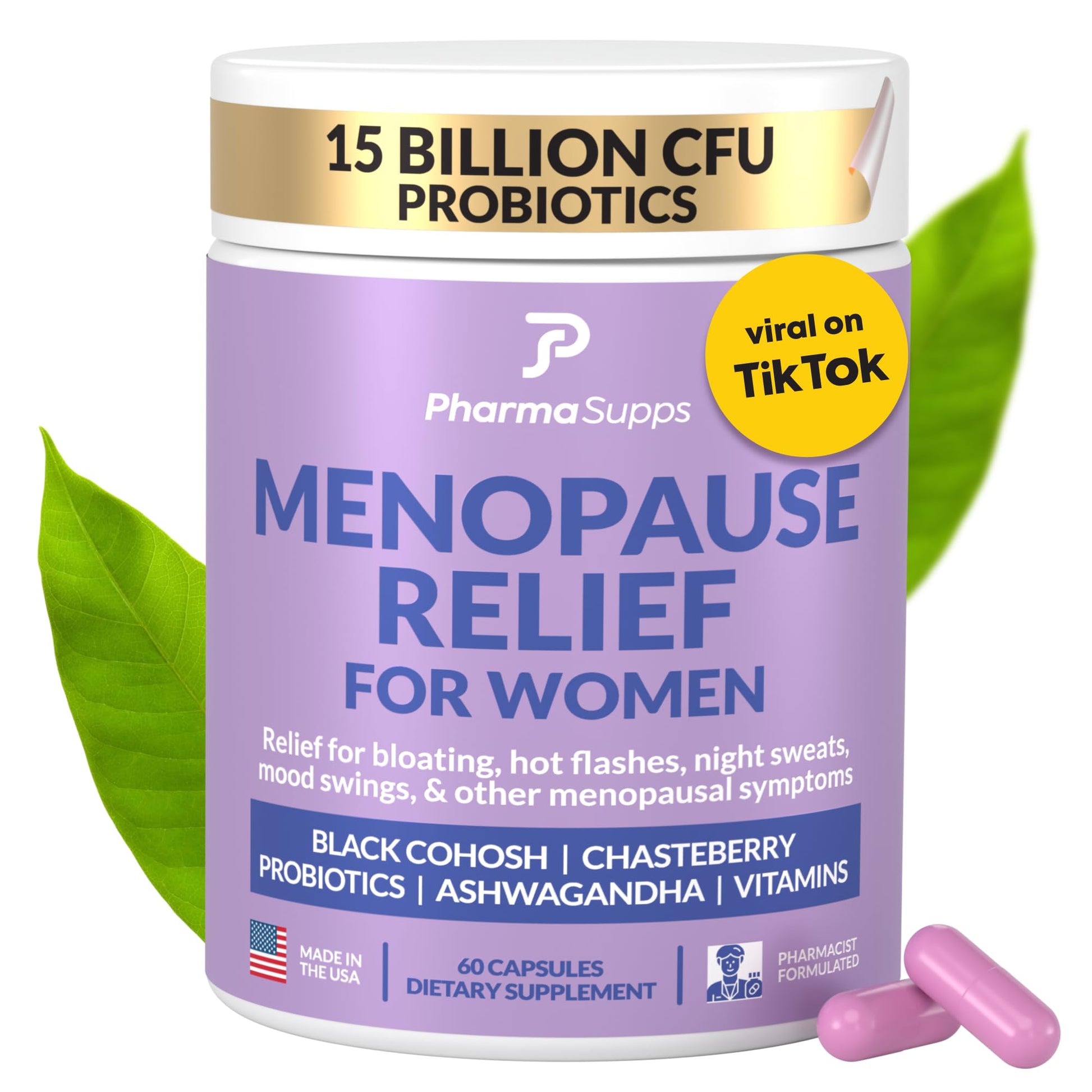 Natural Menopause Supplements for Women - Perimenopause Supplements for Hormonal Balance, Bloating & Mood Swings | Hot Flashes Menopause Relief w/Probiotics & Prebiotics, Black Cohosh & Chasteberry PharmaSuppsAu supplements