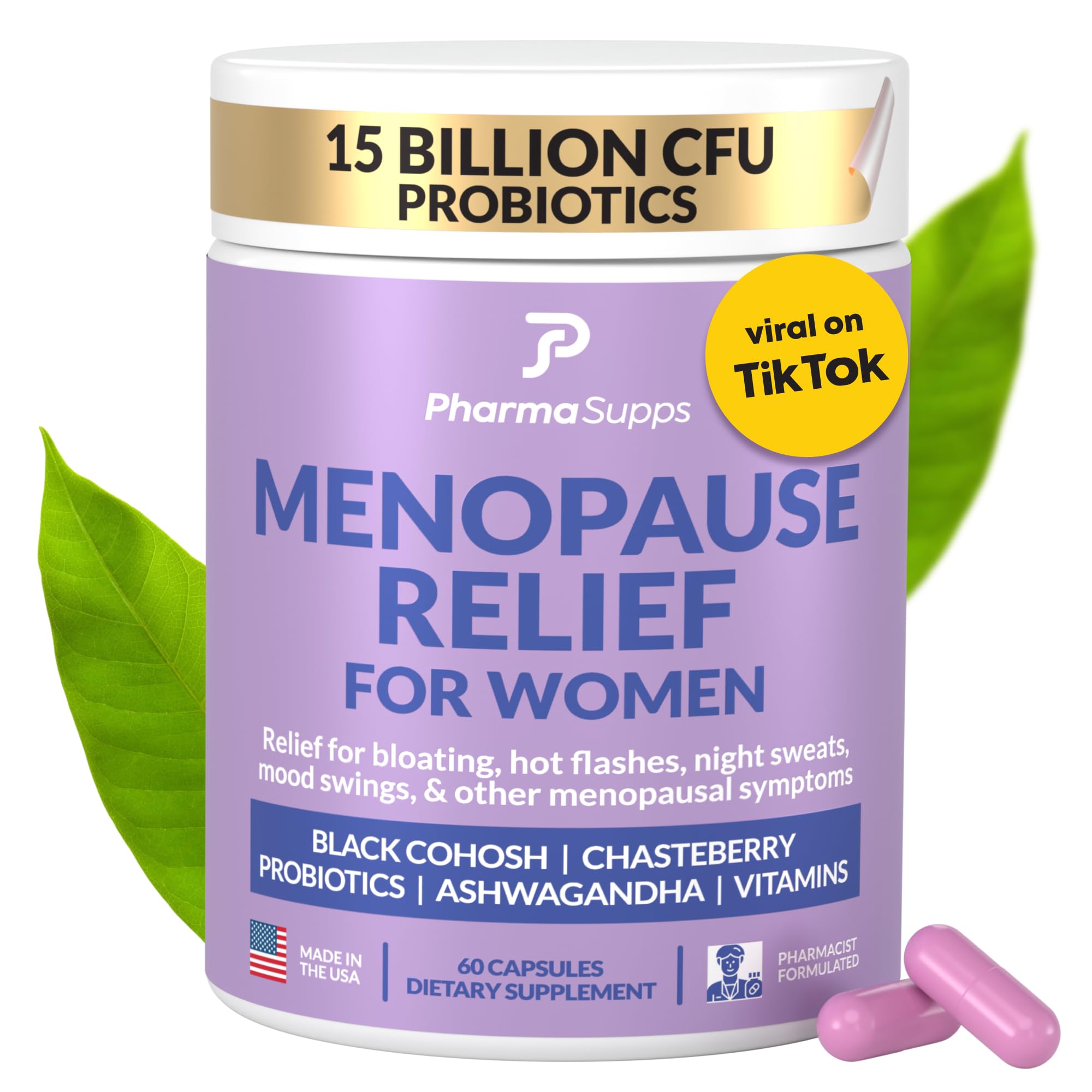 Natural Menopause Supplements for Women - Perimenopause Supplements for Hormonal Balance, Bloating & Mood Swings | Hot Flashes Menopause Relief w/Probiotics & Prebiotics, Black Cohosh & Chasteberry PharmaSuppsAu supplements