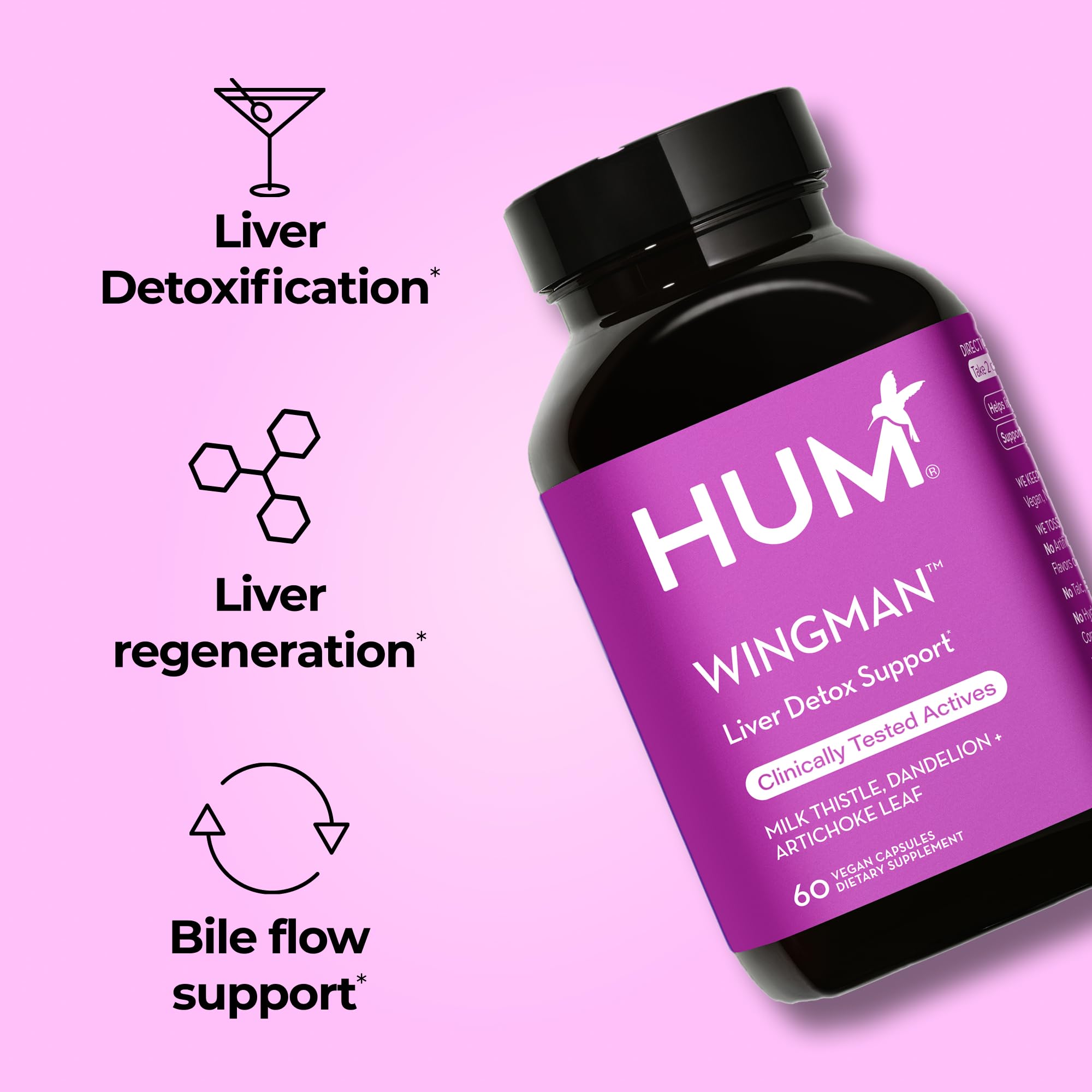 HUM Wing Man Liver Support Supplement with Milk Thistle, Dandelion Root Powder & Artichoke Leaf Extract For Liver Health & Function Support, Milk Thistle Supplement Helps Flush Out Toxins, 60 Capsules HUMUS supplements