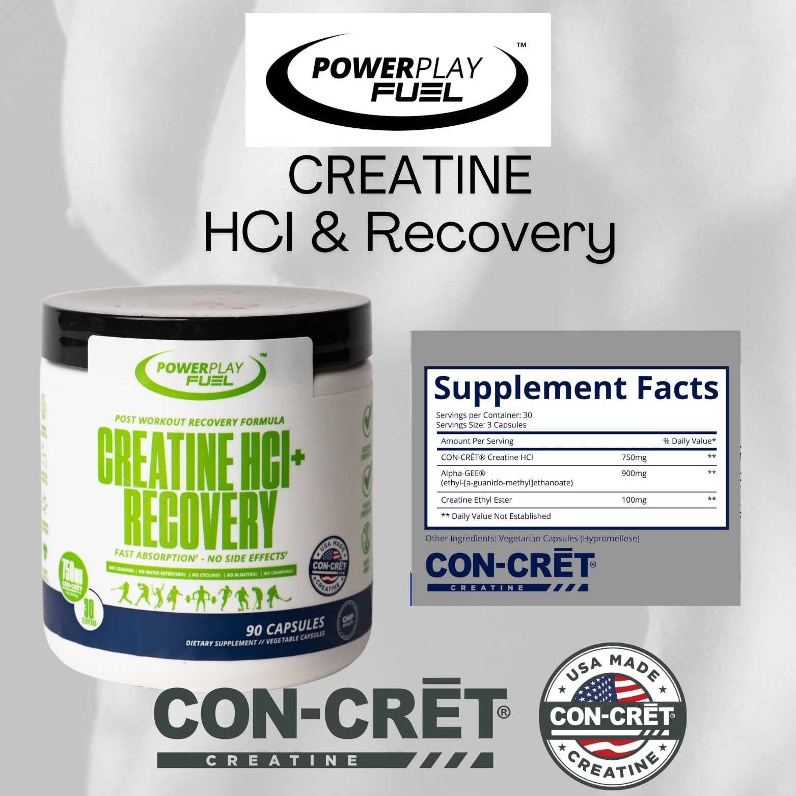 CREATINE HCl + Recovery Capsules for Men and Women, Muscle & Brain Health, Cognitive Function, Immune Support - 90 Vegetable Capsules POWER PLAY FUELAu supplements