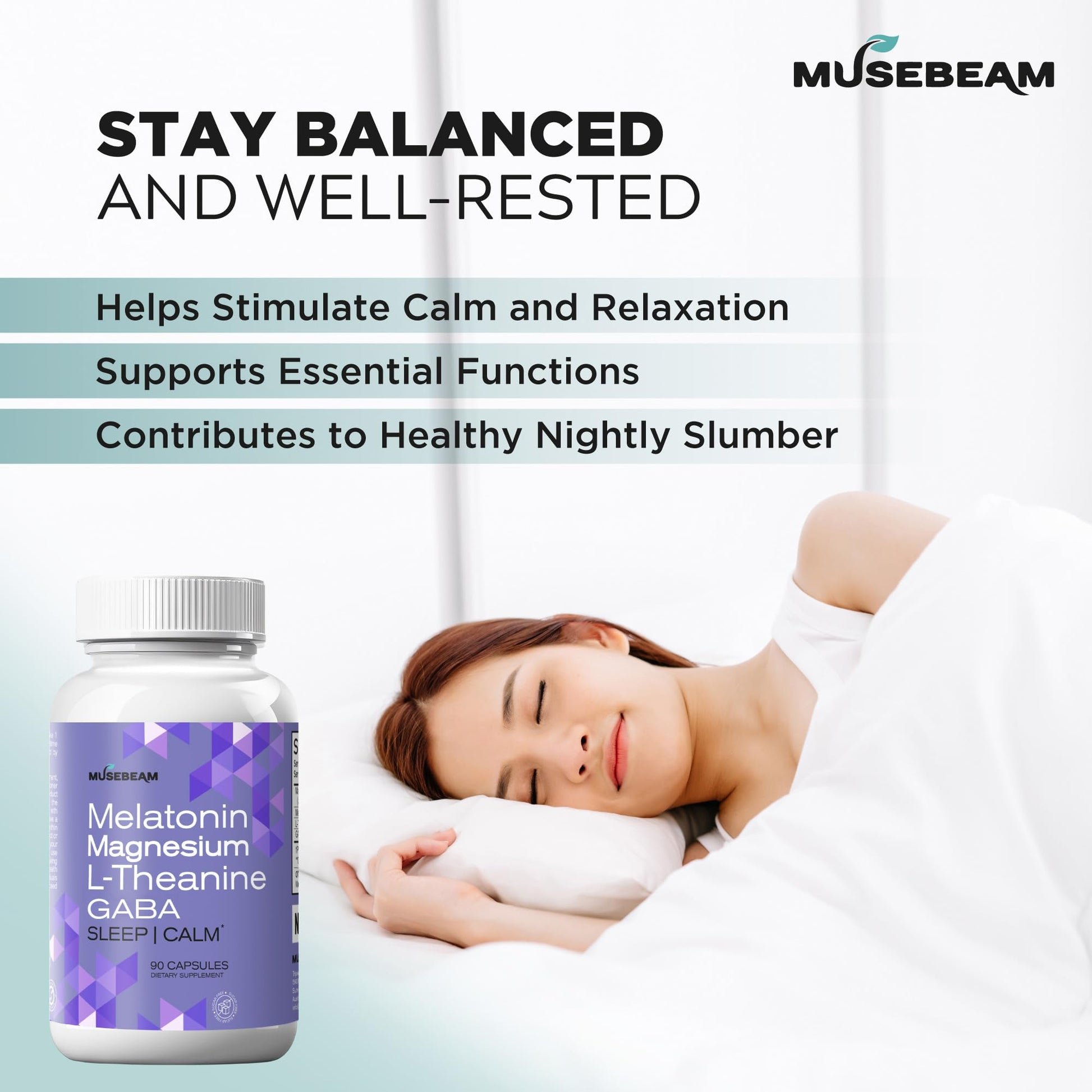 MuseBeam Magnesium Glycinate 275mg Melatonin 5mg L-Theanine 200mg GABA 100mg Capsules - Full Rest Nighttime Bedtime Support Supplement for Men Women - Vegan Sugar-Free Gluten-Free musebeamAu supplements