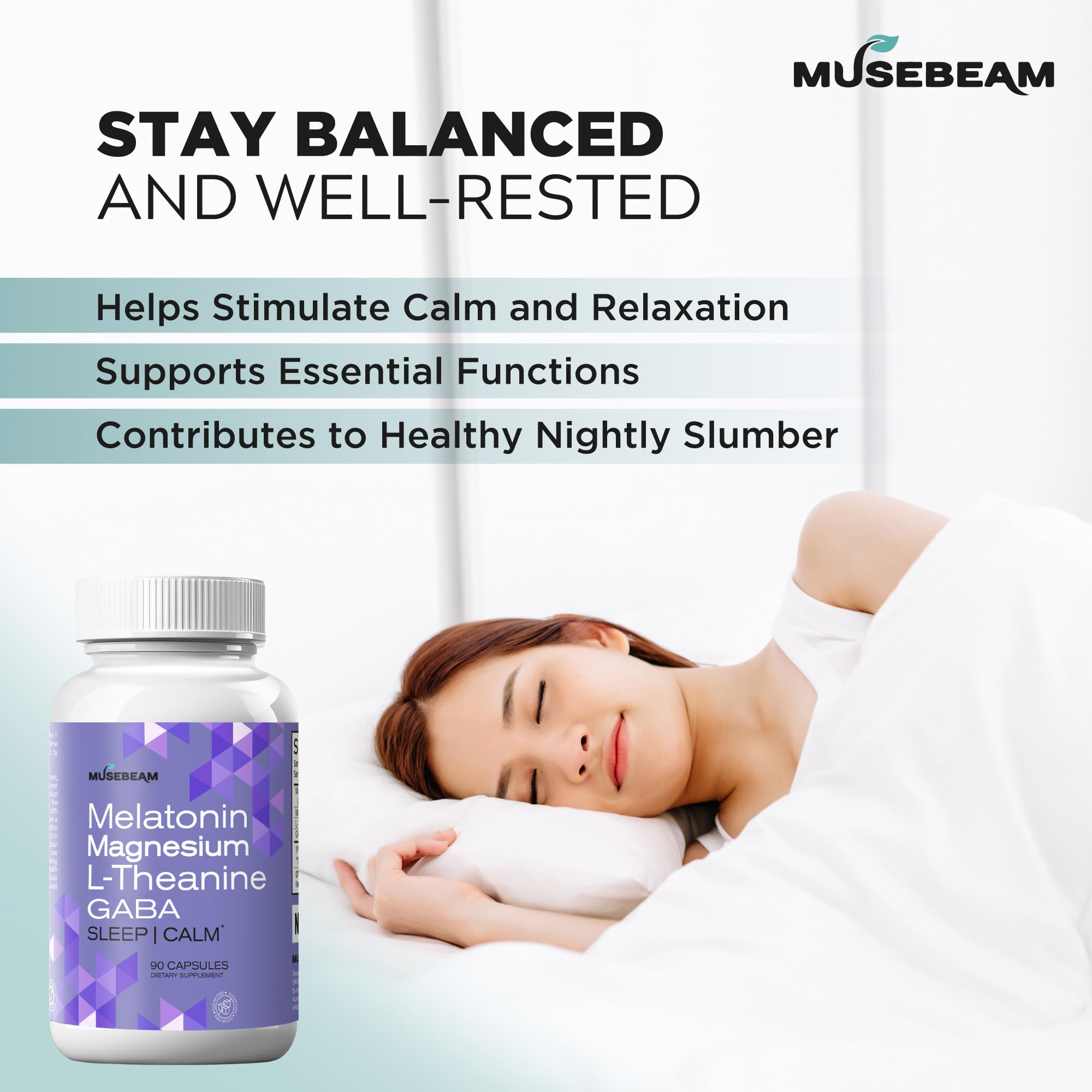MuseBeam Magnesium Glycinate 275mg Melatonin 5mg L-Theanine 200mg GABA 100mg Capsules - Full Rest Nighttime Bedtime Support Supplement for Men Women - Vegan Sugar-Free Gluten-Free musebeamAu supplements