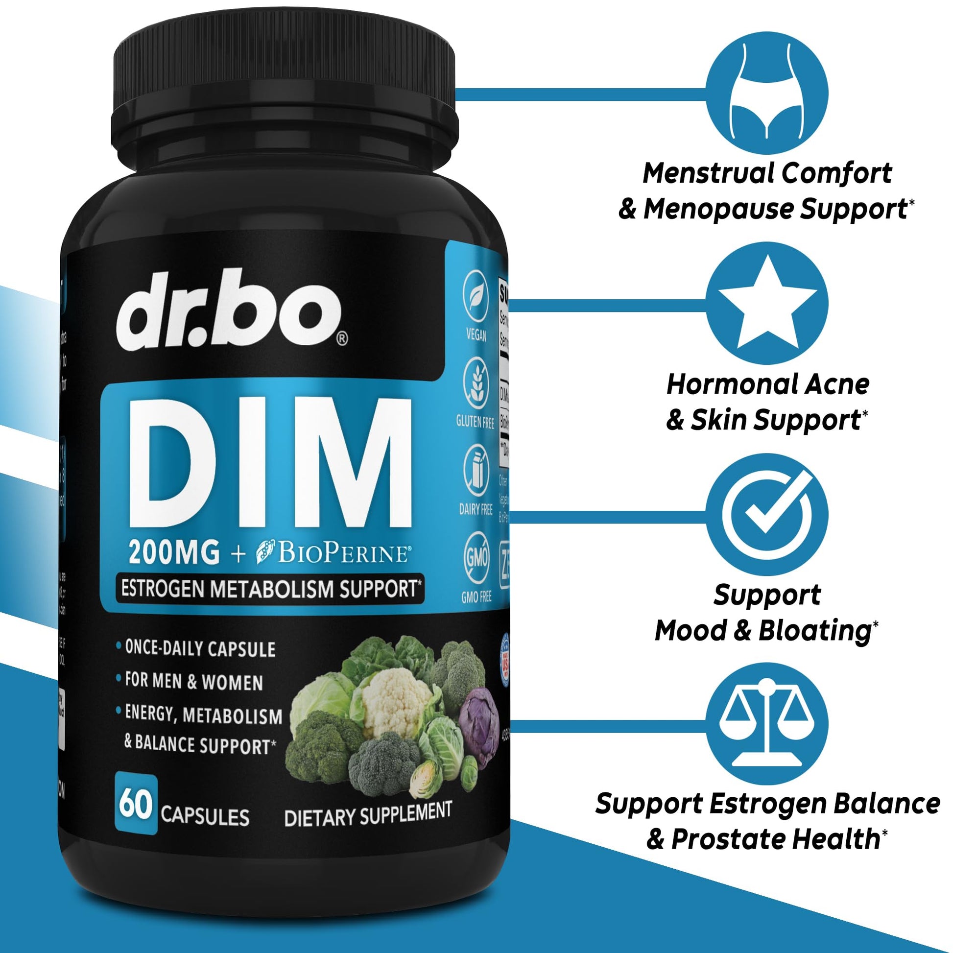 DIM Supplement for Women & Men 200mg - Androgen Estrogen Blocker for Men & Women, Hormonal Acne Pills, Hormone Balance, Menopause Support, Diindolylmethane DIM Supplement Plus BioPerine - 60 Capsules DR. BOAu supplements