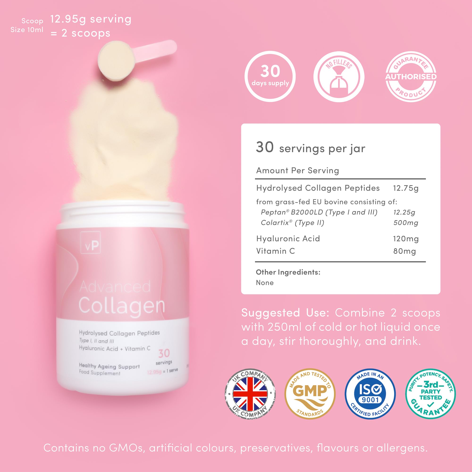 Advanced Collagen with Hyaluronic Acid - 12.95g x 30 Servings - Type 1 2 3 vP Vitality ProAu supplements