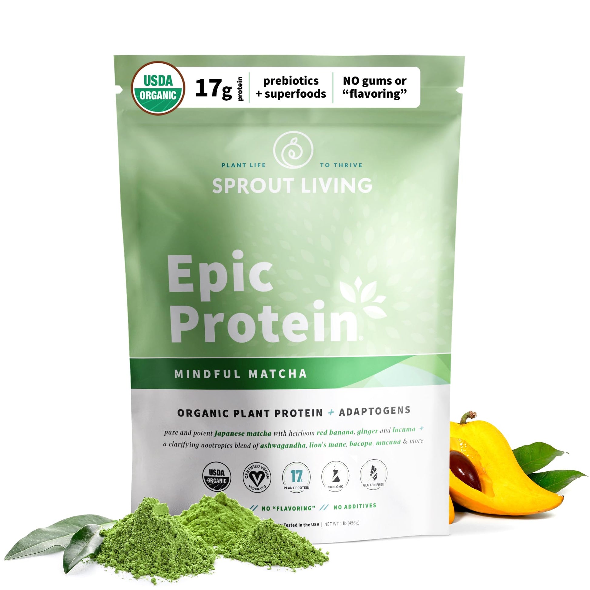 Sprout Living Epic Protein, Plant Based Protein & Superfoods Powder, Mindful Matcha Sprout LivingUS supplements