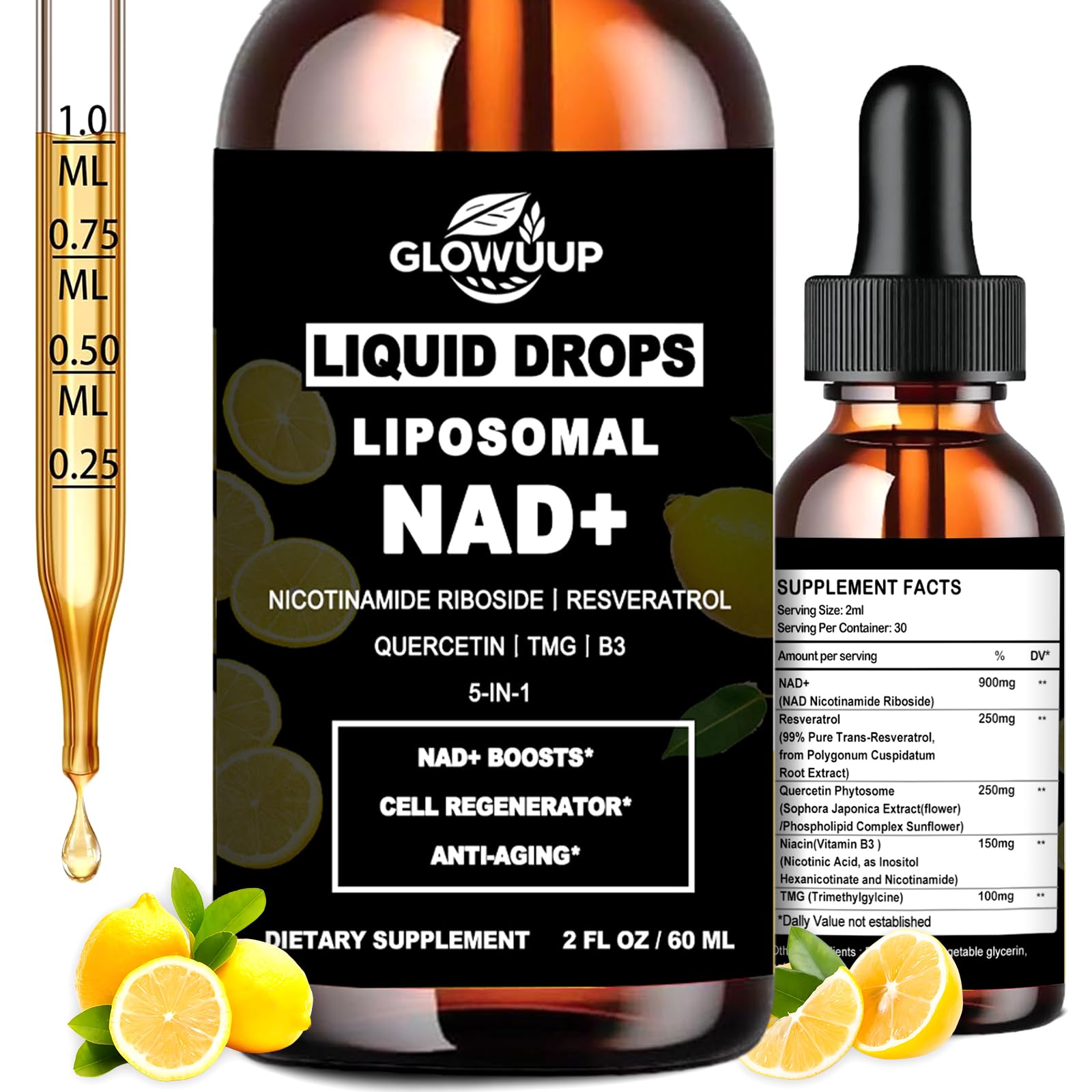 NAD Supplements for Women & Men, Liposomal NAD Nicotinamide Riboside Resveratrol 900mg w. B3 Vitamin Quercetin TMG, Liquid Resveratrol NAD Plus Supplement for Anti-Aging Energy Focus Longevity GLOVVUUPAu supplements