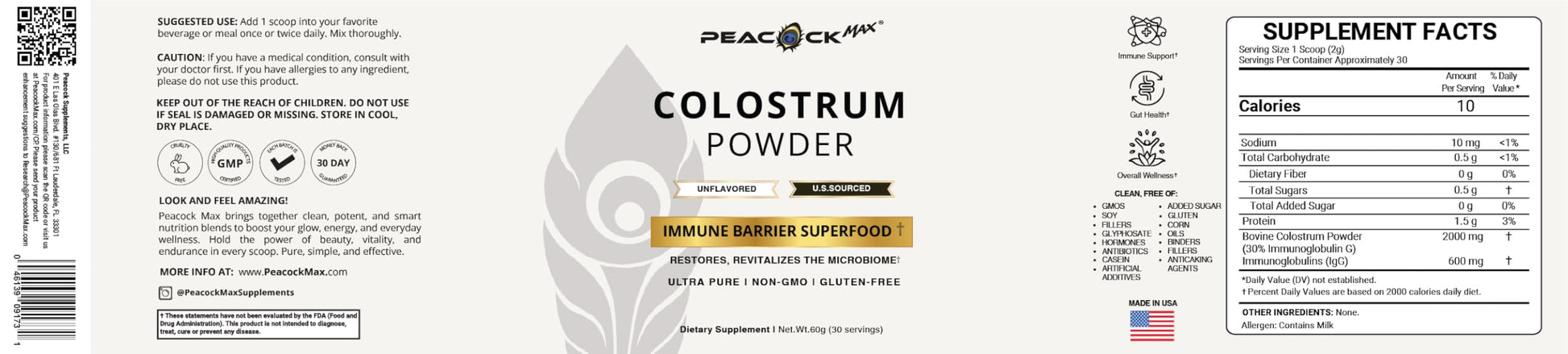 Peacock Max Colostrum Powder – 60g (30 Servings), Unflavored Bovine Colostrum Supplement, Superfood for Hair, Skin & Gut Health, Gluten-Free, Non-GMO Peacock MaxAu supplements