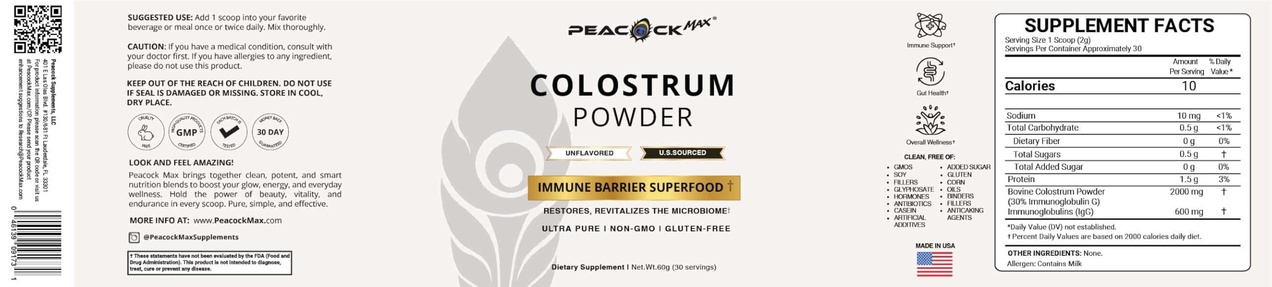 Peacock Max Colostrum Powder – 60g (30 Servings), Unflavored Bovine Colostrum Supplement, Superfood for Hair, Skin & Gut Health, Gluten-Free, Non-GMO Peacock MaxAu supplements