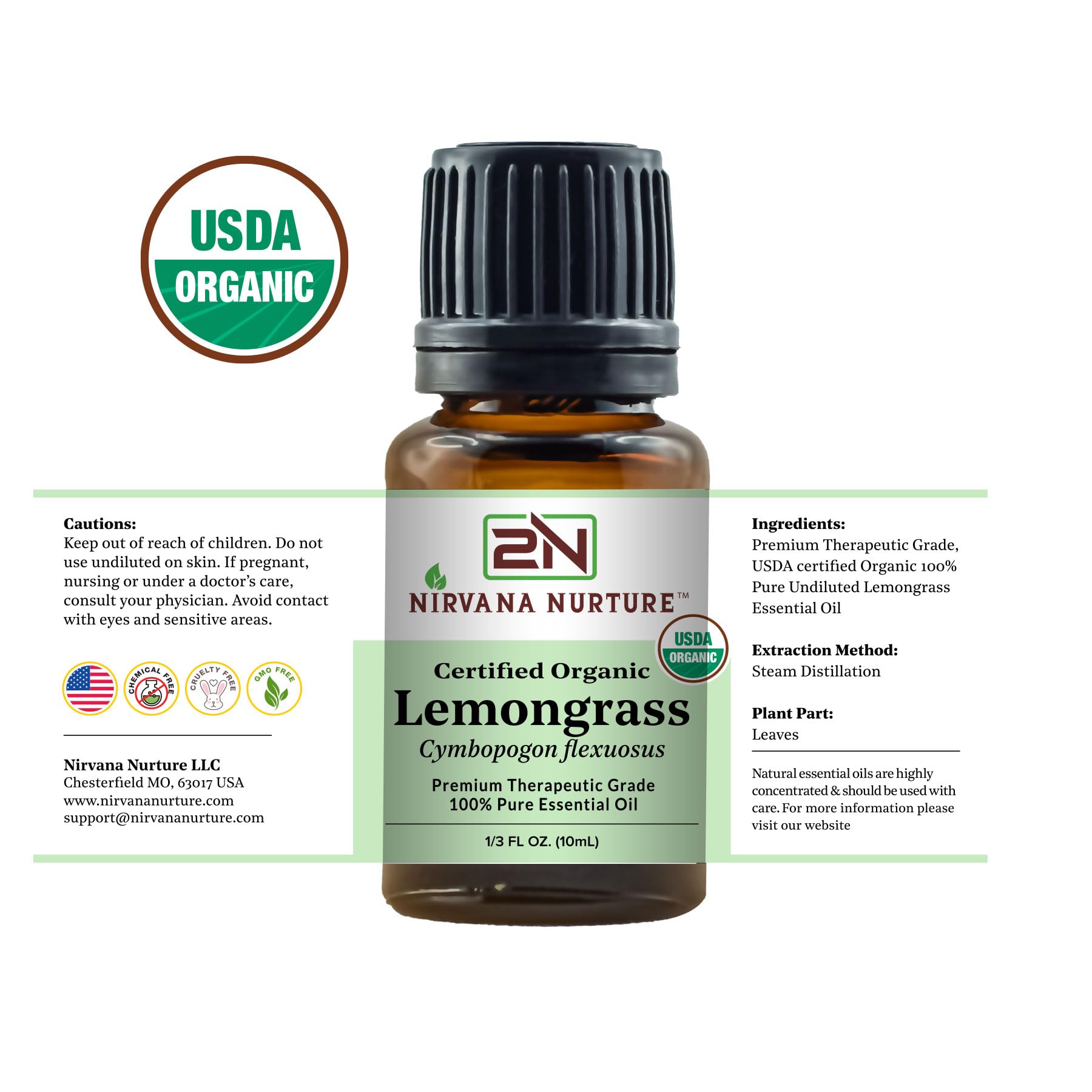Nirvana Nurture Lemongrass Essential Oil USDA Certified Organic 100% Pure Premium Therapeutic Grade Nirvana NurtureAu supplements