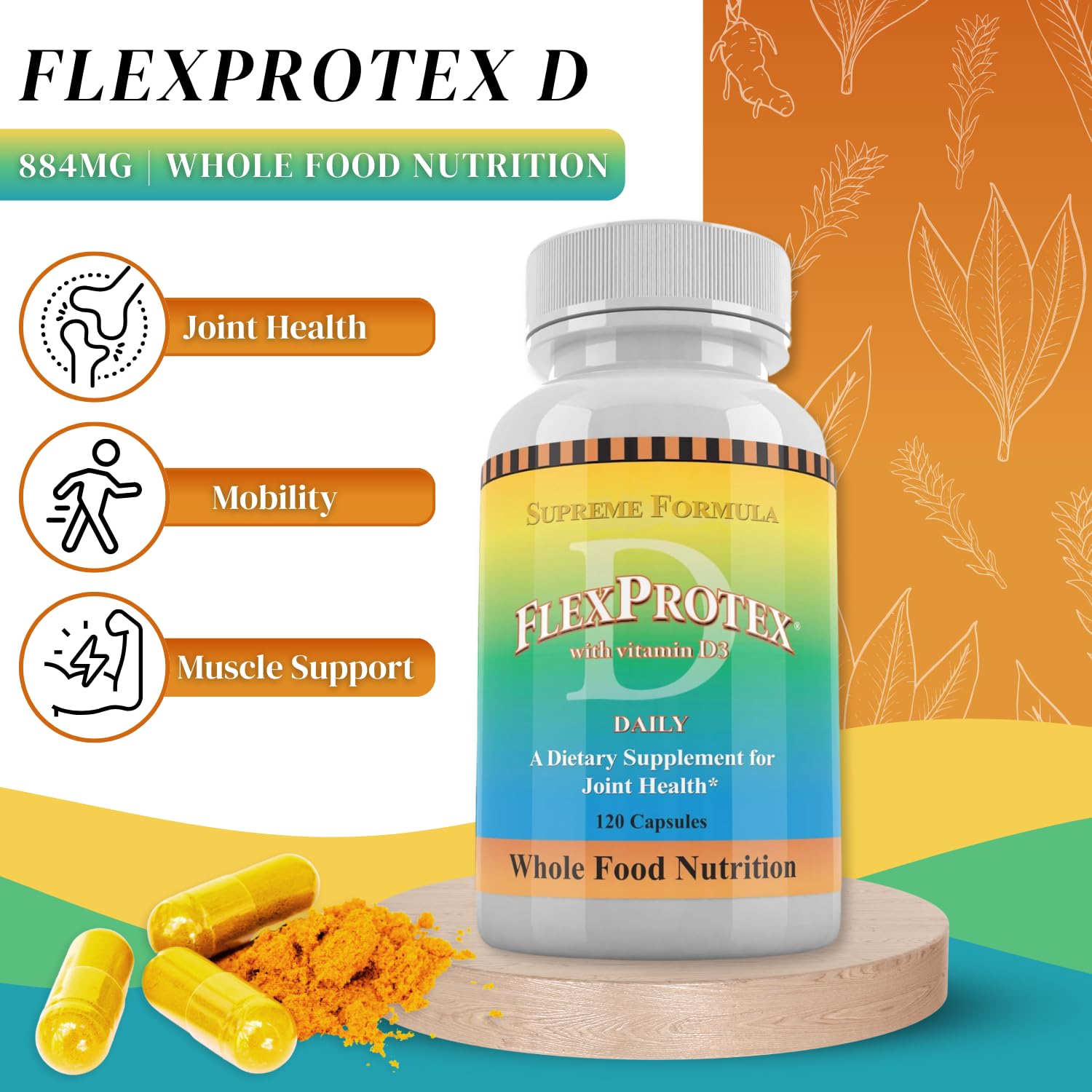 Daily Health, Flexprotex D 884mg Joint Muscle Support 120 Capsules Natural Herbal Turmeric Chondroitin Glucosamine Yucca Boswellia Hyaluronic Acid Ashwagandha D3 Magnesium (1 Month Supply) Daily HealthAu supplements