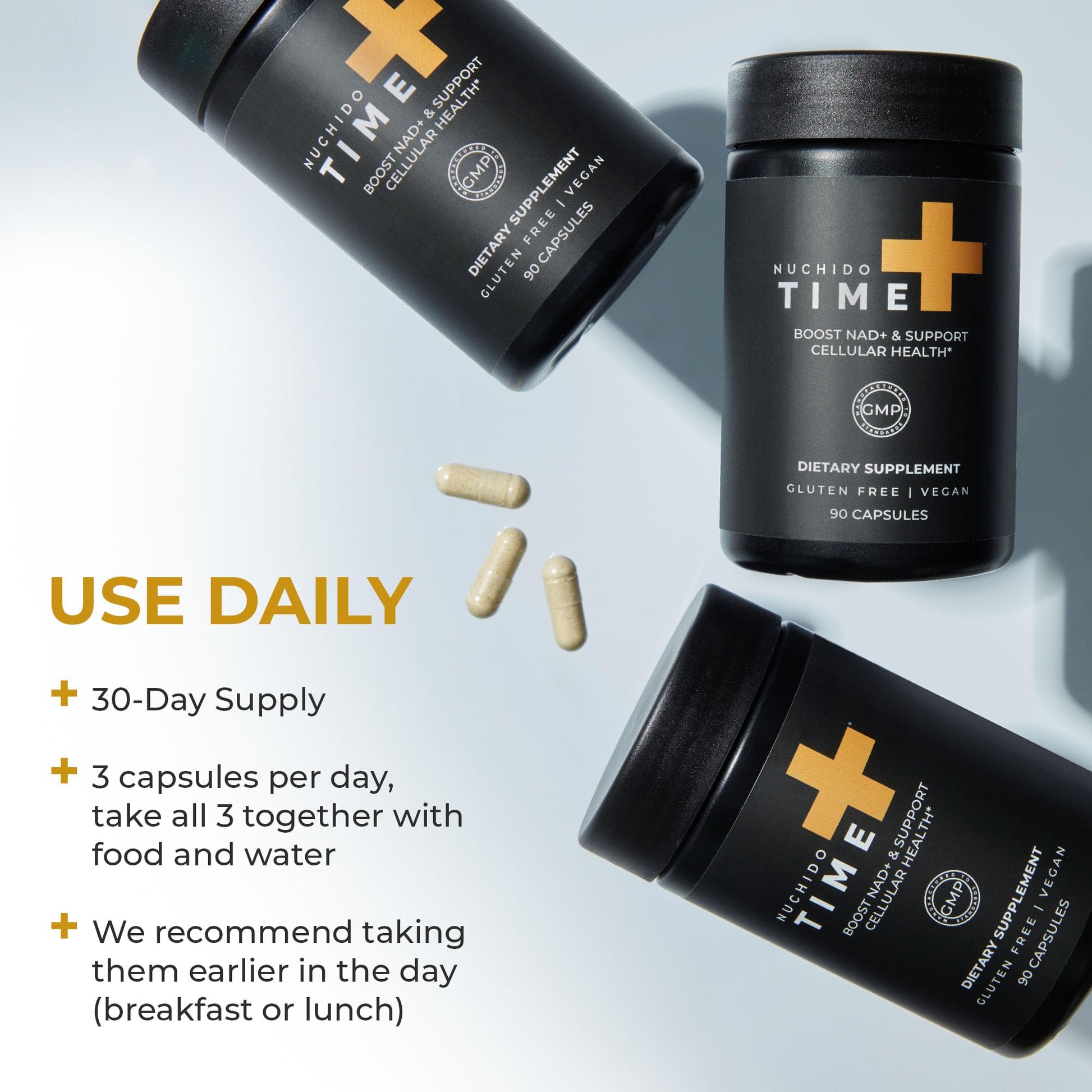 Nuchido Time+ NAD Supplement for Men & Women - Advanced Formula for Healthy Aging, Energy, Focus, Cellular Health & Longevity - Nicotinamide, Alpha Lipoic Acid, Quercetin - 90 Capsules Nuchido Time+Au supplements