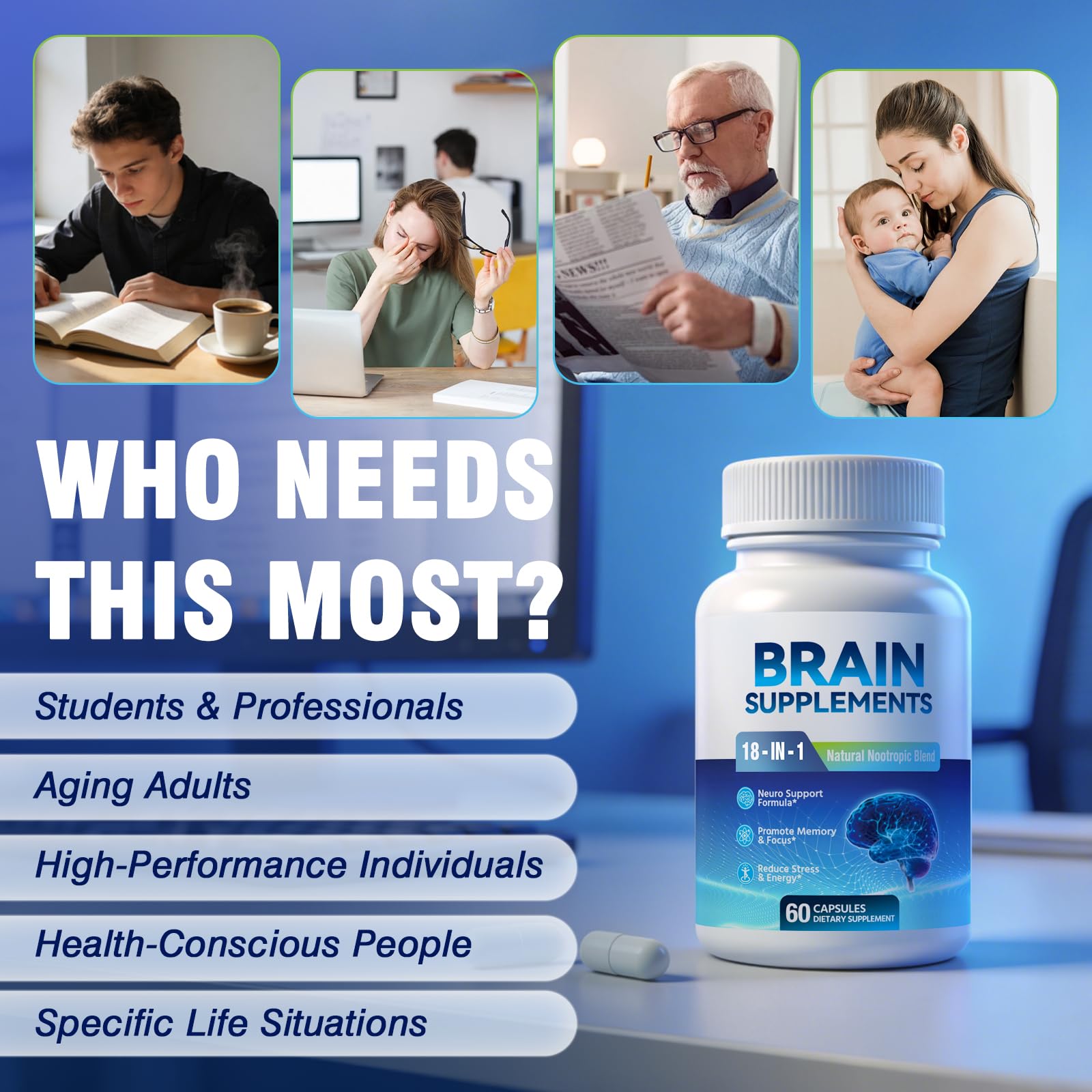 18-in-1 Brain Supplement for Memory and Focus – Nootropic Capsules with Alpha GPC, Bacopa, Ginkgo Biloba, Lion's Mane, Vitamin B6 & B12 | Cognitive Health, Mental Clarity | Vegan, Non-GMO FenolutraAu supplements
