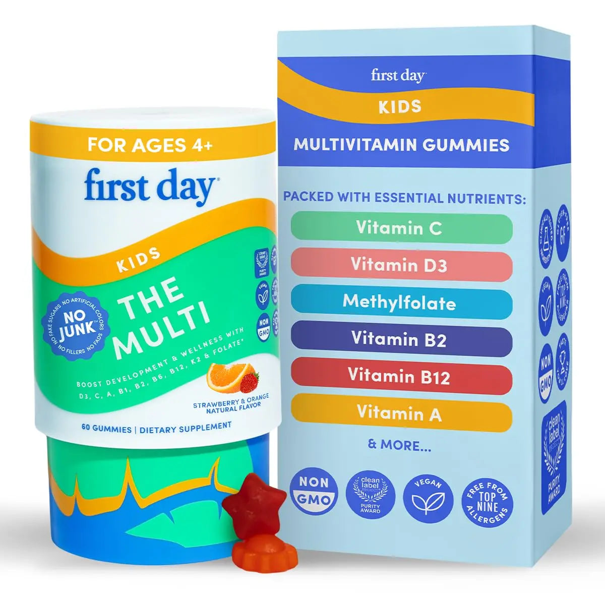 First Day Kids Multivitamin Gummies Age 4+, Strawberry & Orange - Kids Vitamins Multivitamin Gummy A C D3 K2 B1 B2 B6 B12 Folate, Immunity & Brain Function FIRST DAYAu supplements