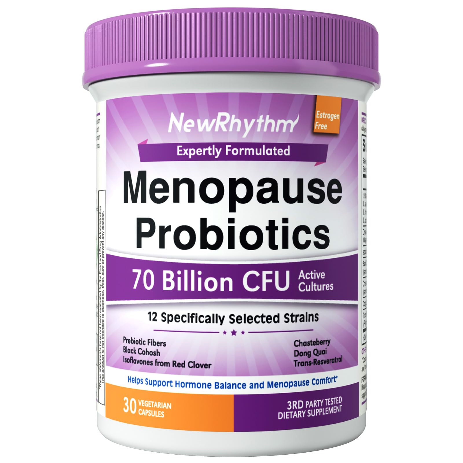 NewRhythm Menopause Probiotics for Women, 7-in-1 Relief, Prebiotics, Black Cohosh Trans-Resveratrol Chasteberry Red Clover Dong Quai, Hot Flashes Night Sweats, No Soy, No Estrogen, 30 Ct NewRhythmAu supplements