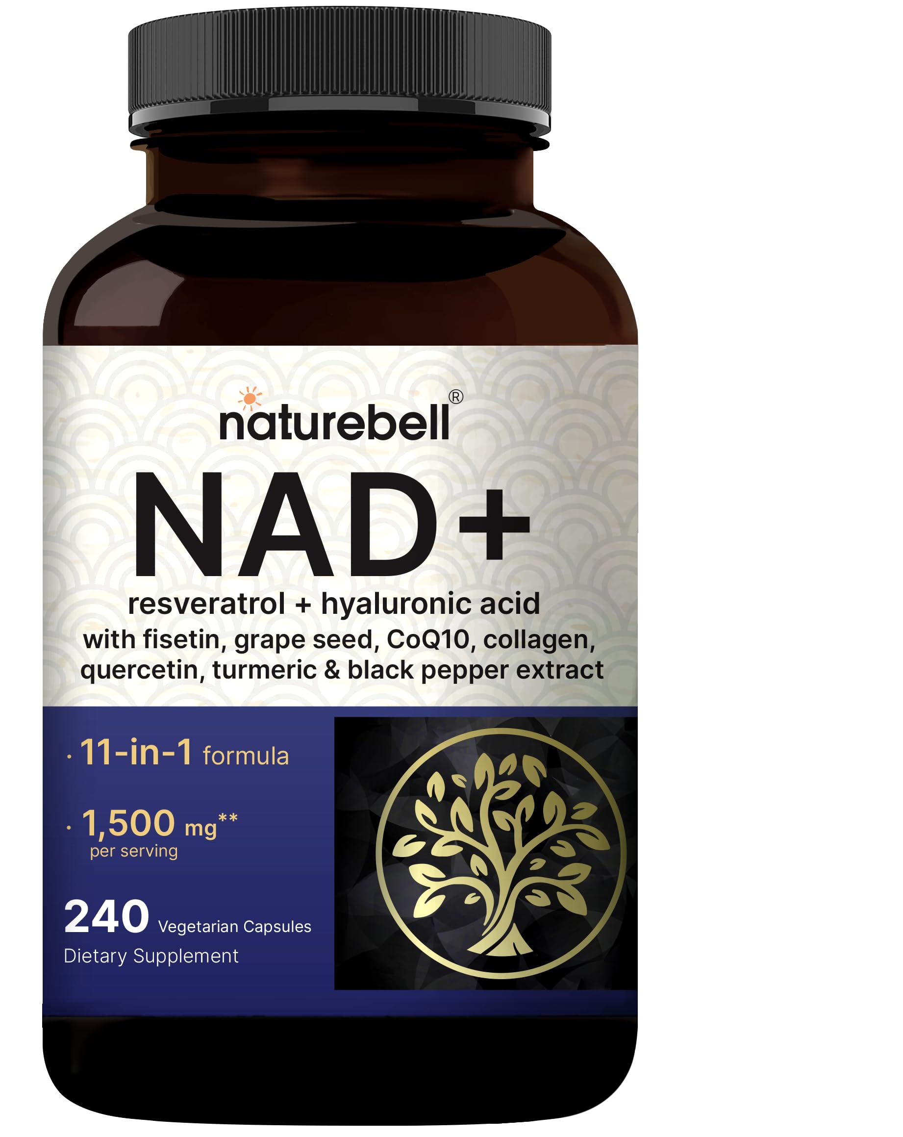 NatureBell NAD+ Complex 1,500mg Per Serving, 240 Veggie Capsules | NMN Supplement Alternative | NAD Plus Resveratrol, Hyaluronic Acid, Quercetin, Fisetin, Collagen, & More – Non-GMO NatureBellAu supplements