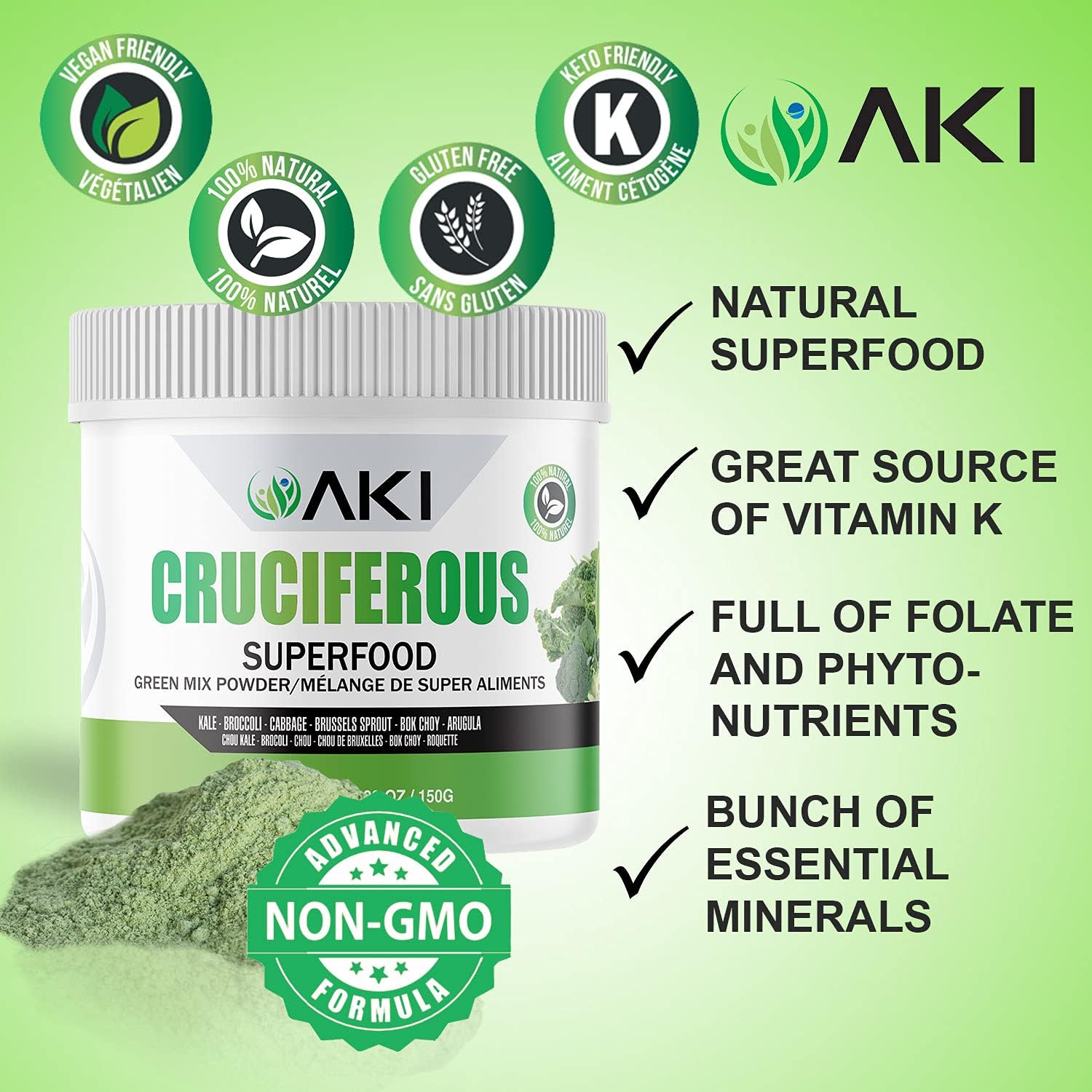 AKI Cruciferous Superfood Green Mix Powder - Made from Kale, Broccoli, Brussels Sprouts, Cabbage - Packed with Essential Phytonutrients & Vitamins ((5.3oz/150g)) AKI ORGANICAu supplements