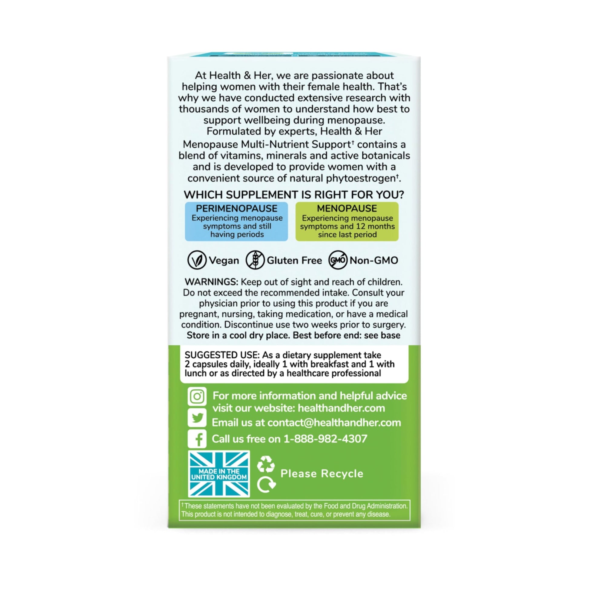 Health & Her Menopause Supplements for Women - Multi-Nutrient Support, Menopause Vitamins for Energy, Bones, Muscles, Skin & Hair, Vegan, Gluten-Free, Non GMO (60ct - 1 Month) Health and HerAu supplements
