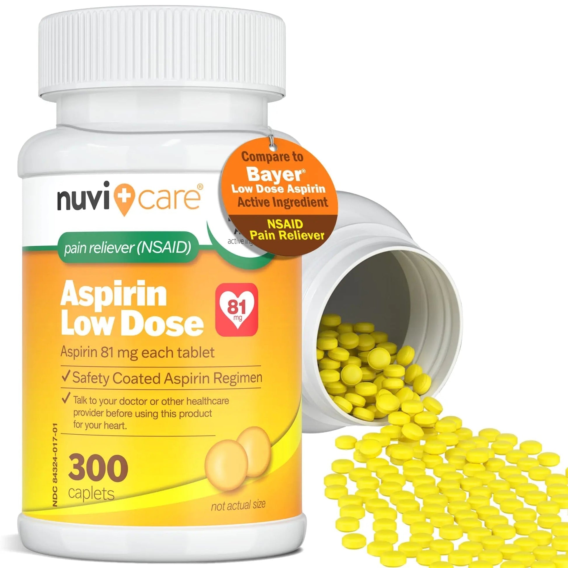 NUVICARE Low Dose Aspirin 81mg for Adults Coated Caplets - Compare to Active Ingredient in Low Dose Bayer Aspirin for Adults - Safety Coated (300 Count) NUVICAREAu supplements