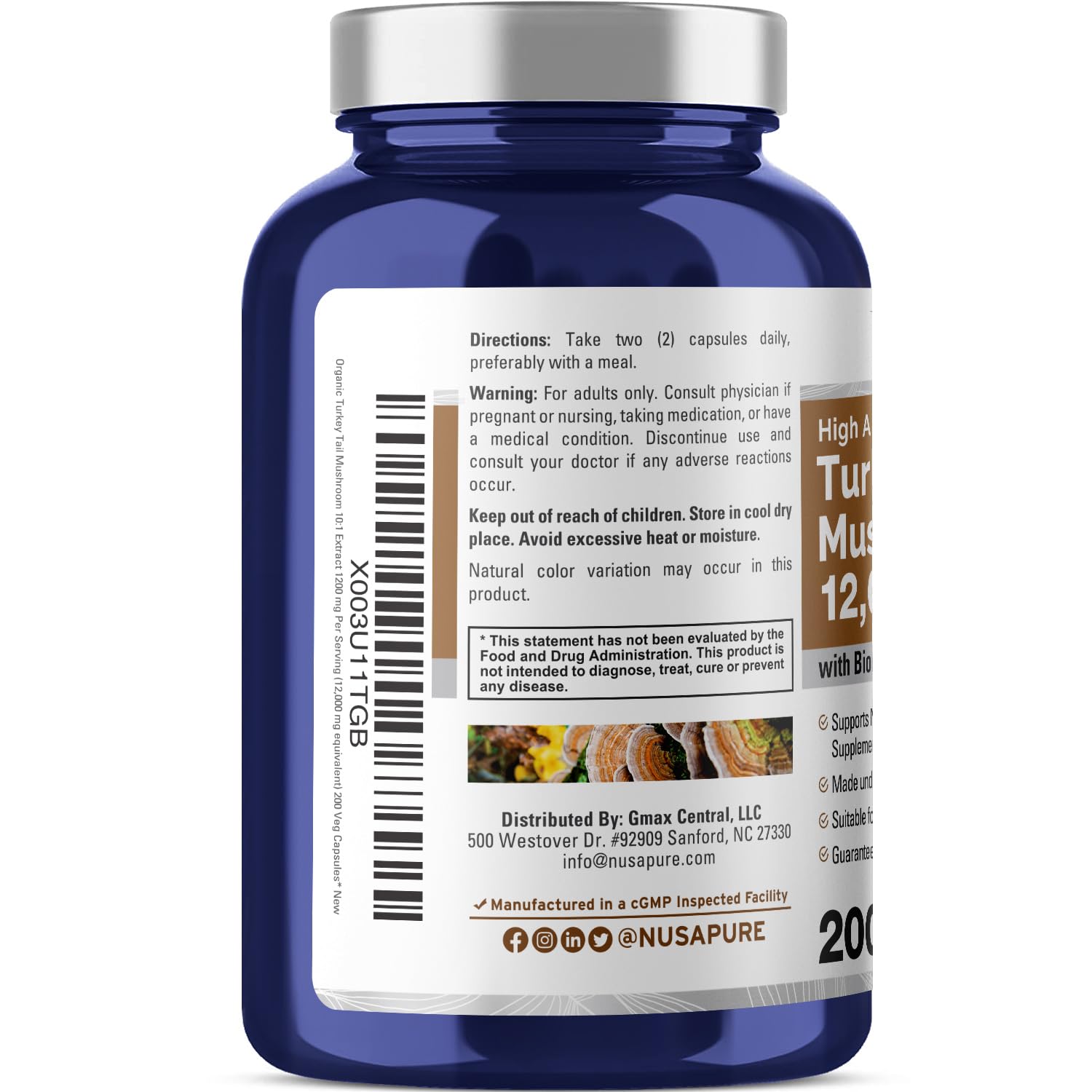 NusaPure Turkey Tail Mushroom Capsules, 10:1 Extract, 1200 mg Equivalent to 12,000mg, 200 Vcaps, Non-GMO, Gluten Free, Bioperine NusaPureAu supplements
